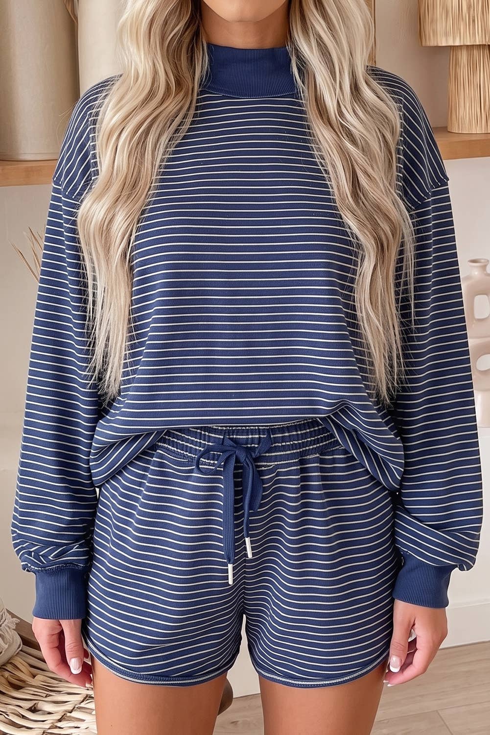 66 Stripe Mock Neck Pullover Matching Shorts Set (S-XL): Blue Stripe / M