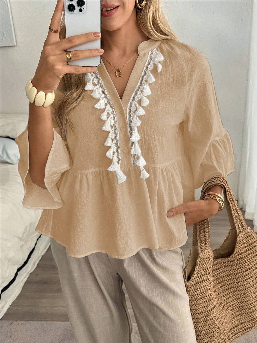 Boho Tassel V Neck Blouse