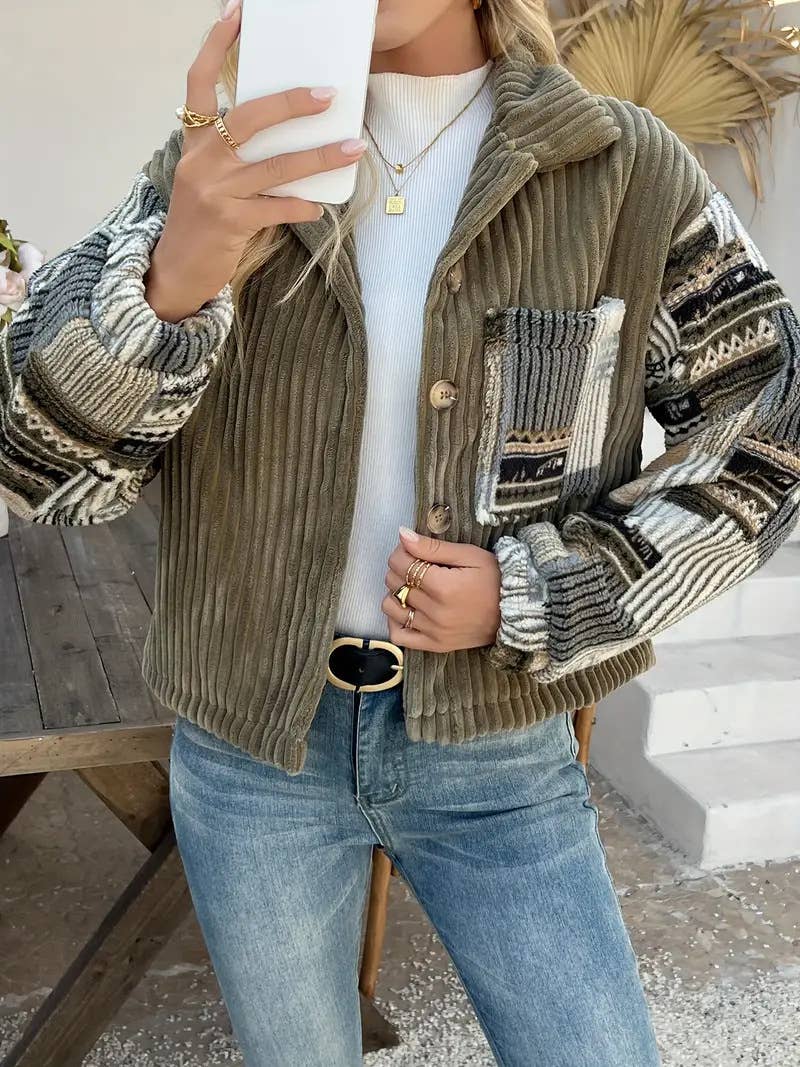 Western Aztec patchwork fleece button-up jacket