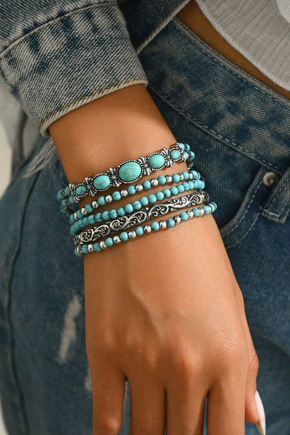 Western Turquoise Beaded Silver 5 Piece Layered Bracelets