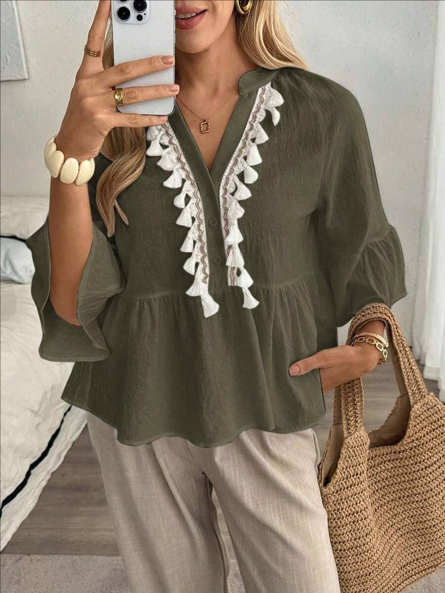 Boho Tassel V Neck Blouse