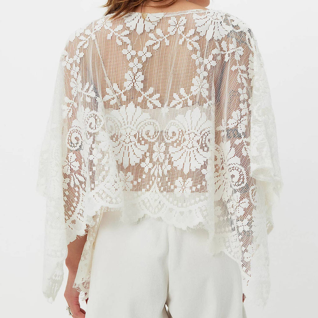 Boho Western Lace Floral Sheer Short Poncho Top