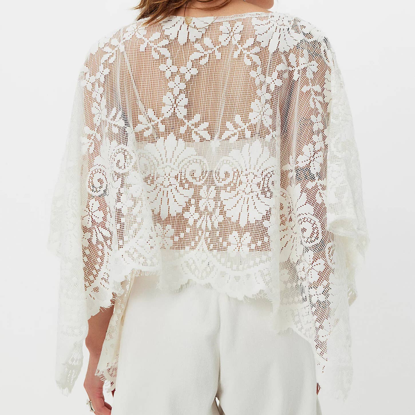 Boho Western Lace Floral Sheer Short Poncho Top