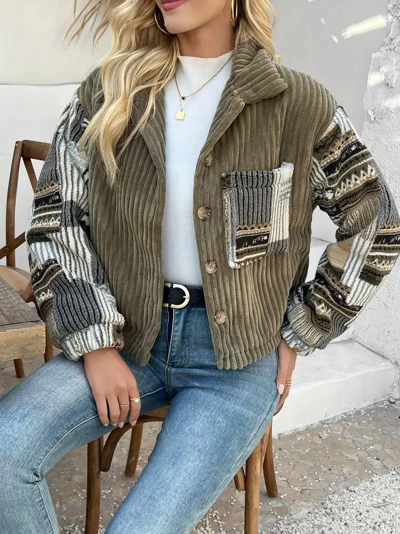 Western Aztec patchwork fleece button-up jacket