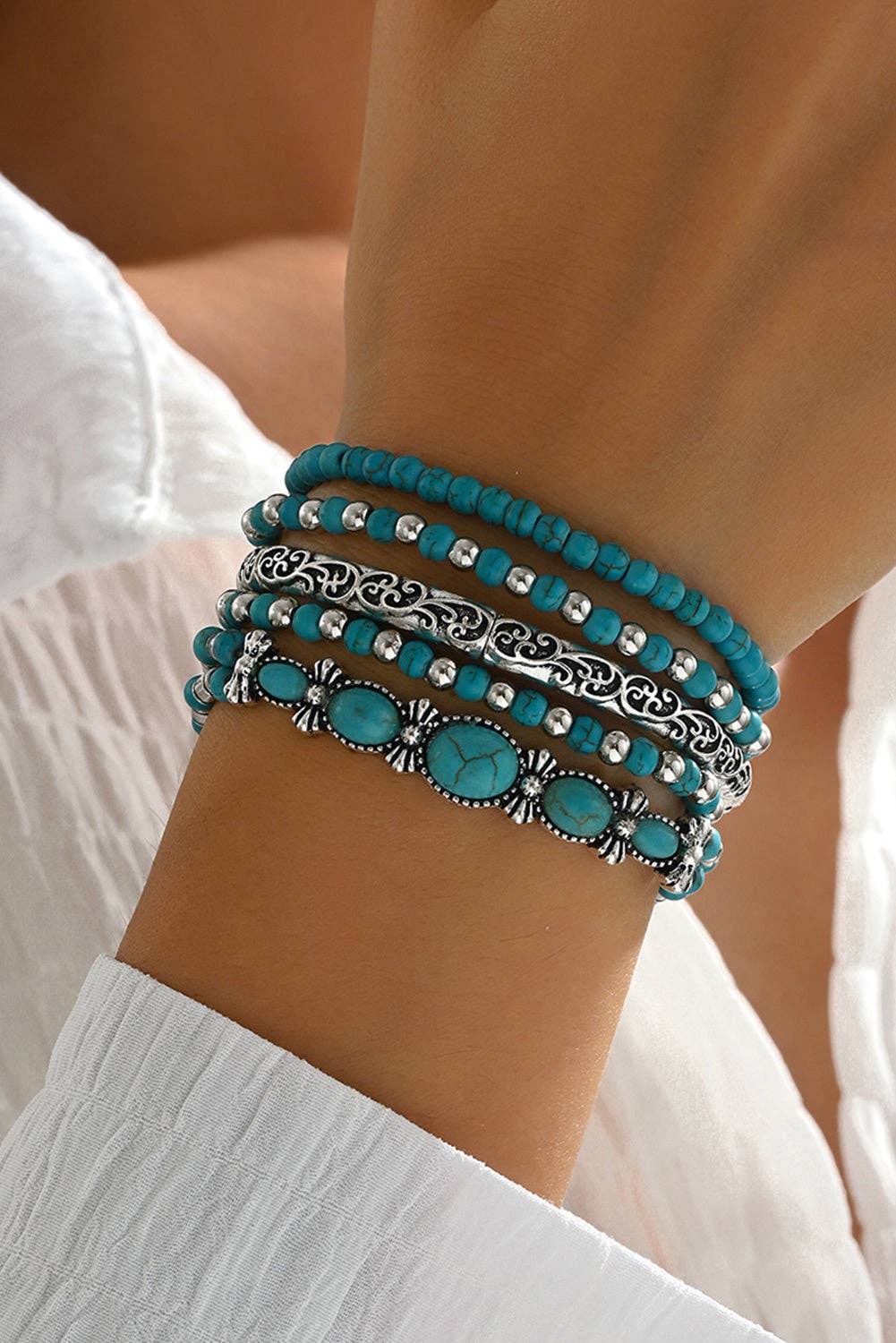 Western Turquoise Beaded Silver 5 Piece Layered Bracelets