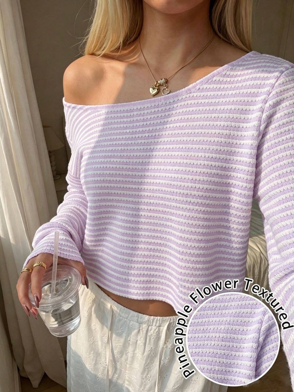 Off-Shoulder Striped Long Sleeve Top