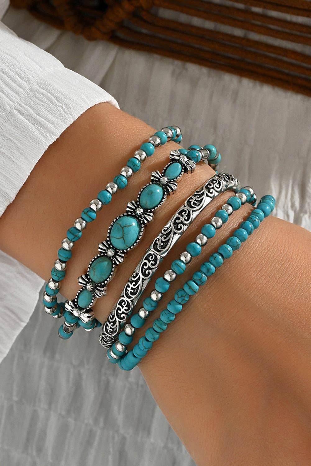 Western Turquoise Beaded Silver 5 Piece Layered Bracelets