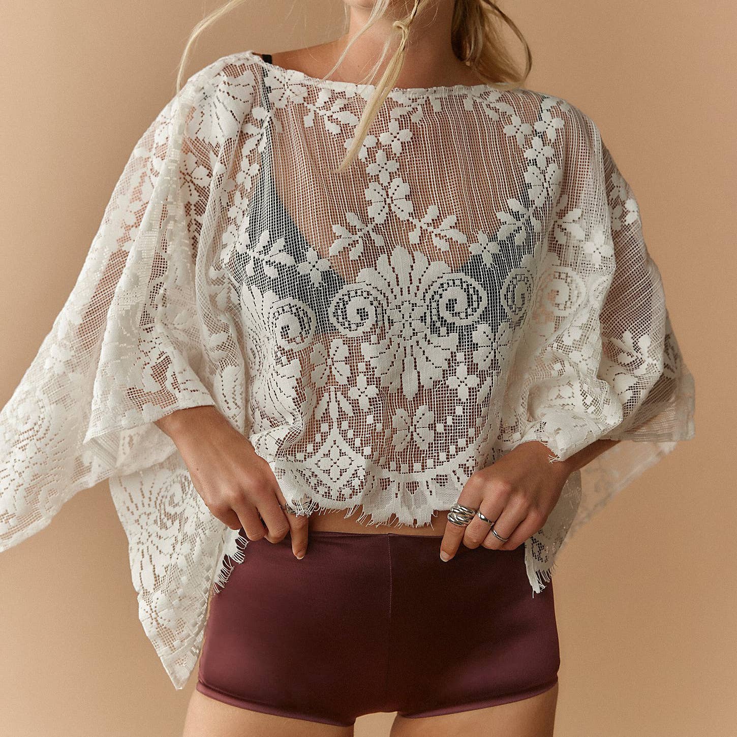 Boho Western Lace Floral Sheer Short Poncho Top