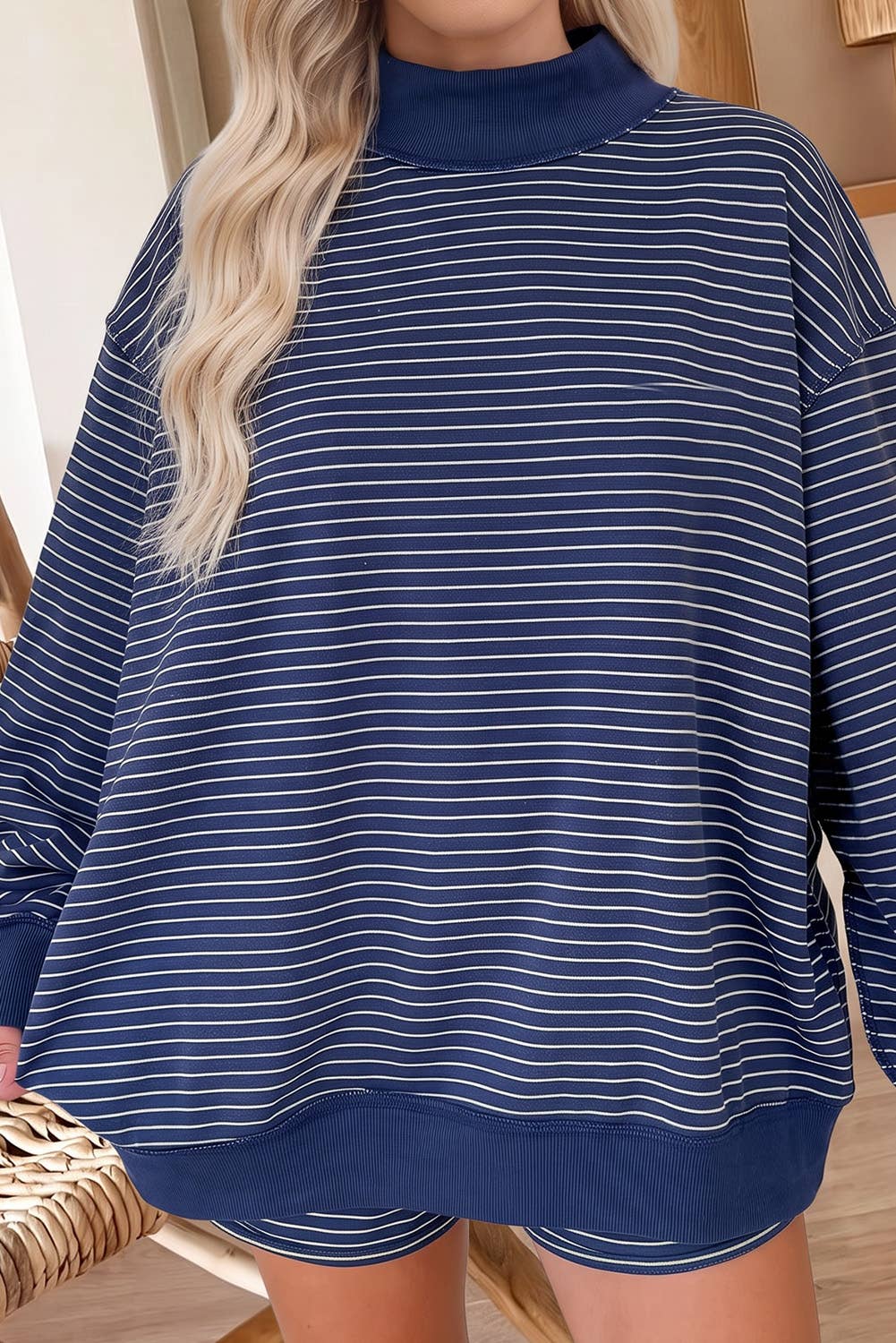 66 Stripe Mock Neck Pullover Matching Shorts Set (S-XL): Blue Stripe / M