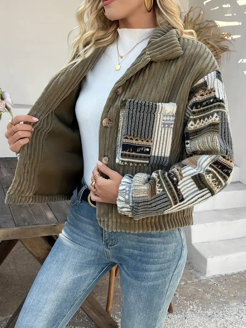 Western Aztec patchwork fleece button-up jacket