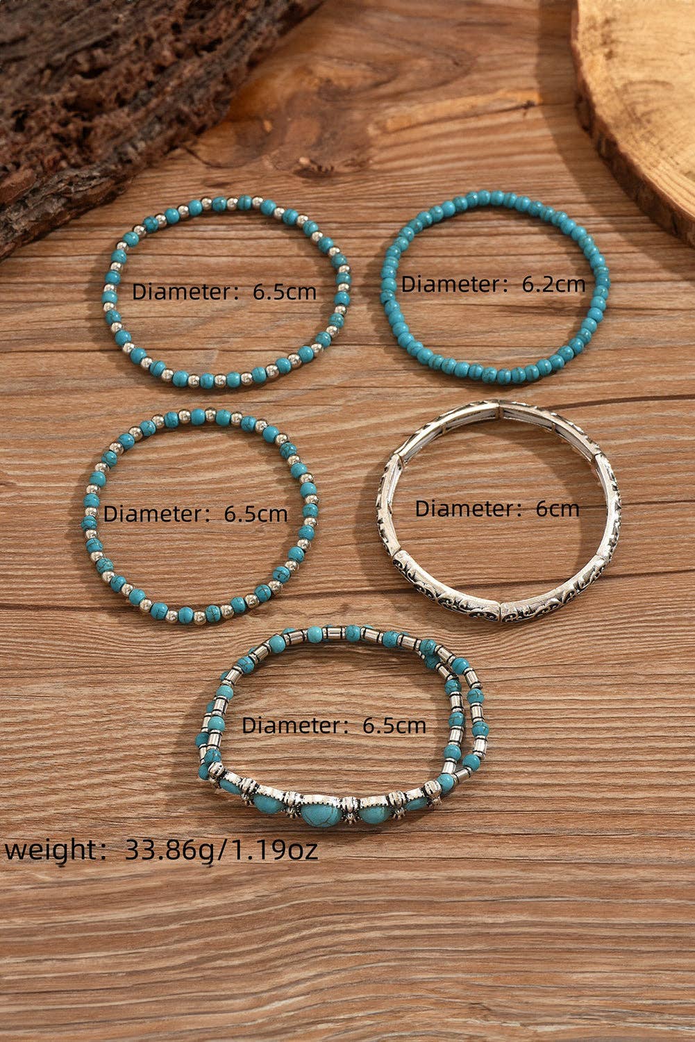 Western Turquoise Beaded Silver 5 Piece Layered Bracelets