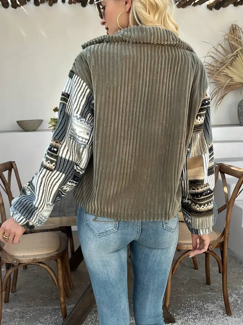 Western Aztec patchwork fleece button-up jacket