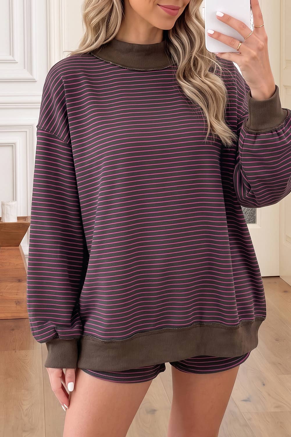 66 Stripe Mock Neck Pullover Matching Shorts Set (S-XL): Blue Stripe / M
