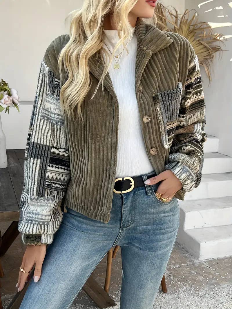 Western Aztec patchwork fleece button-up jacket