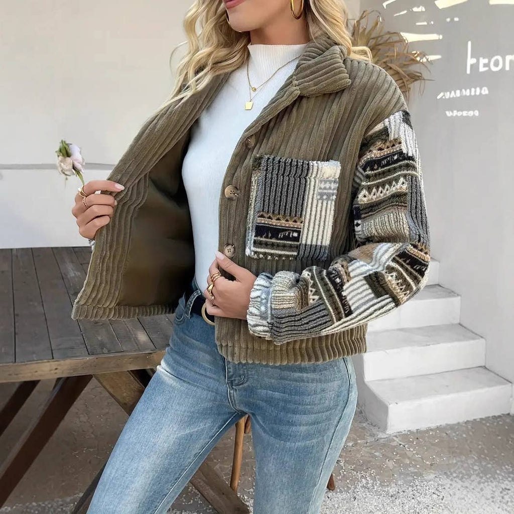 Western Aztec patchwork fleece button-up jacket