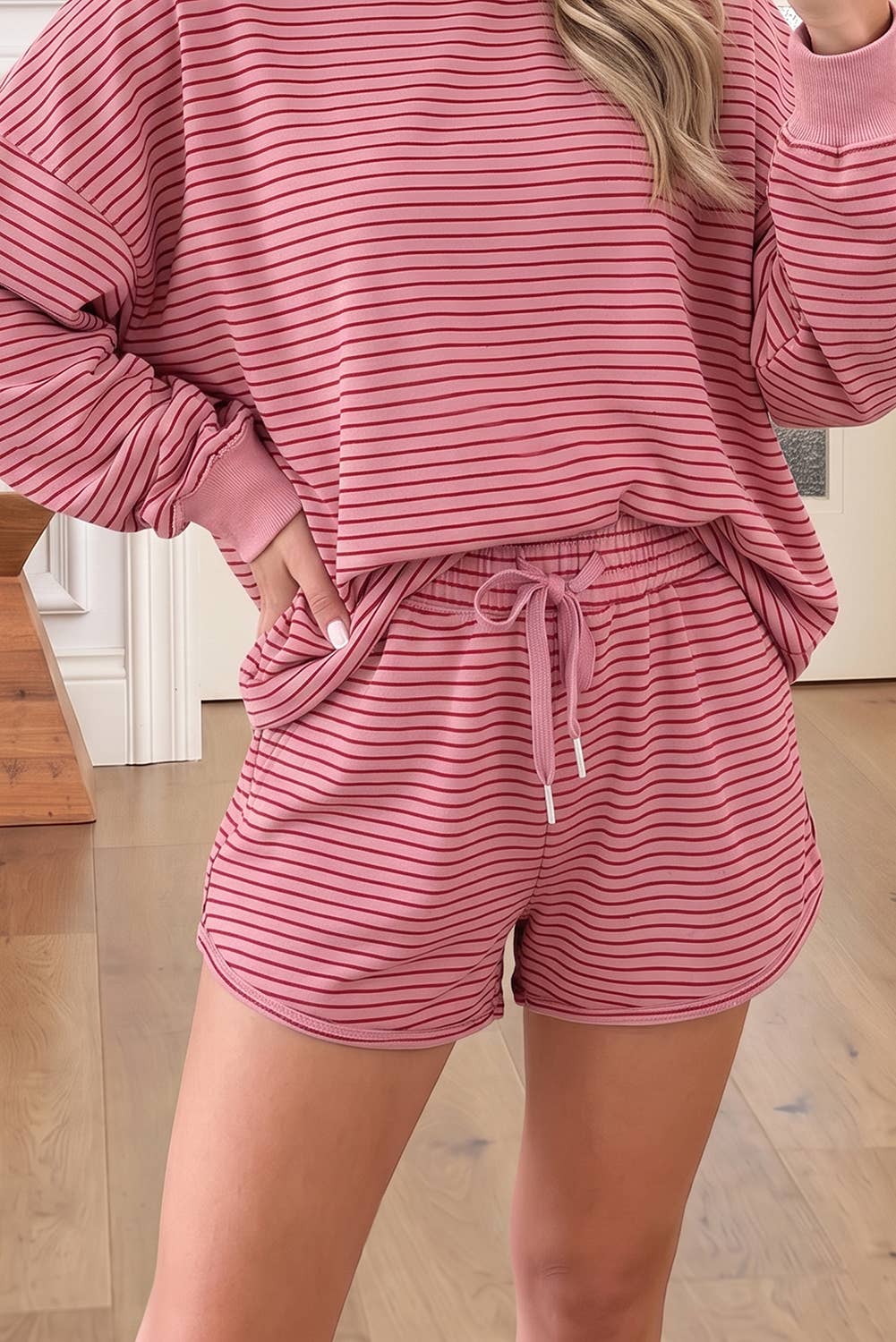 66 Stripe Mock Neck Pullover Matching Shorts Set (S-XL): Blue Stripe / S