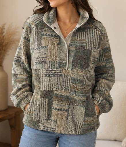 Green Western Print Fleece Pullover Sweatshirt