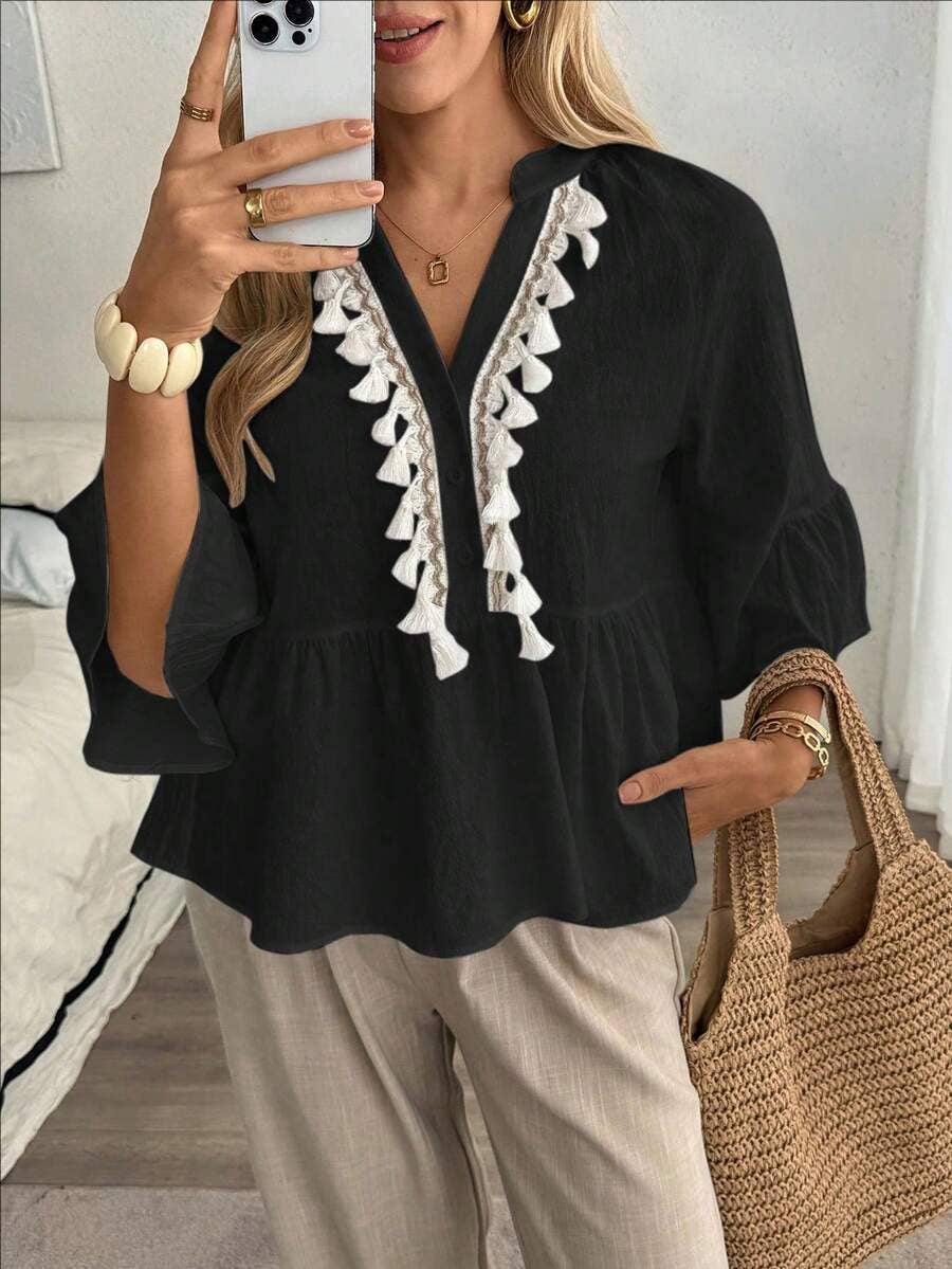Boho Tassel V Neck Blouse