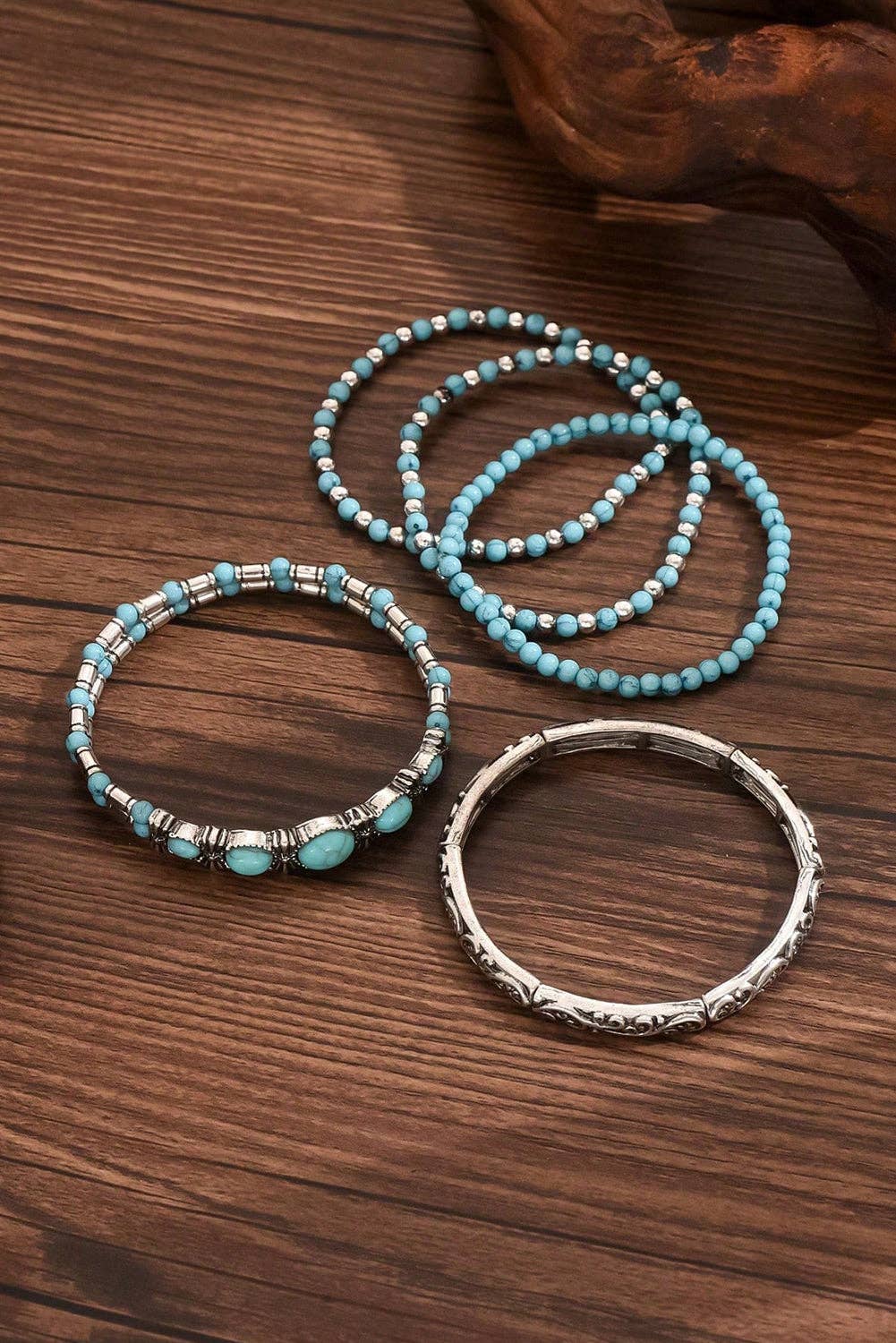 Western Turquoise Beaded Silver 5 Piece Layered Bracelets
