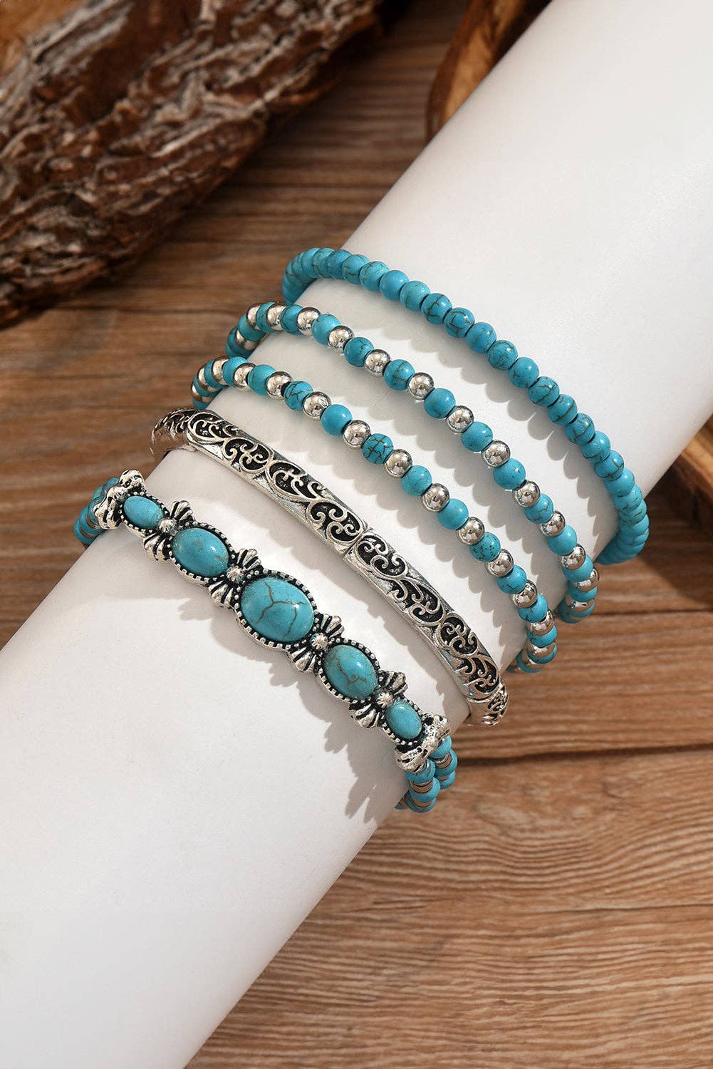 Western Turquoise Beaded Silver 5 Piece Layered Bracelets