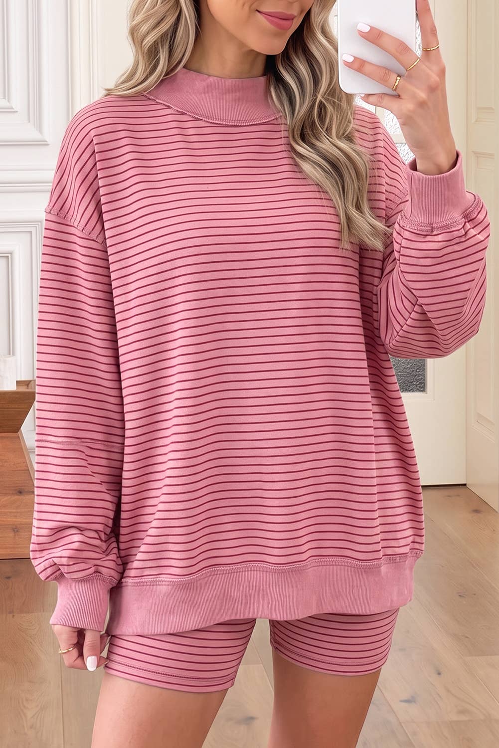 66 Stripe Mock Neck Pullover Matching Shorts Set (S-XL): Blue Stripe / M