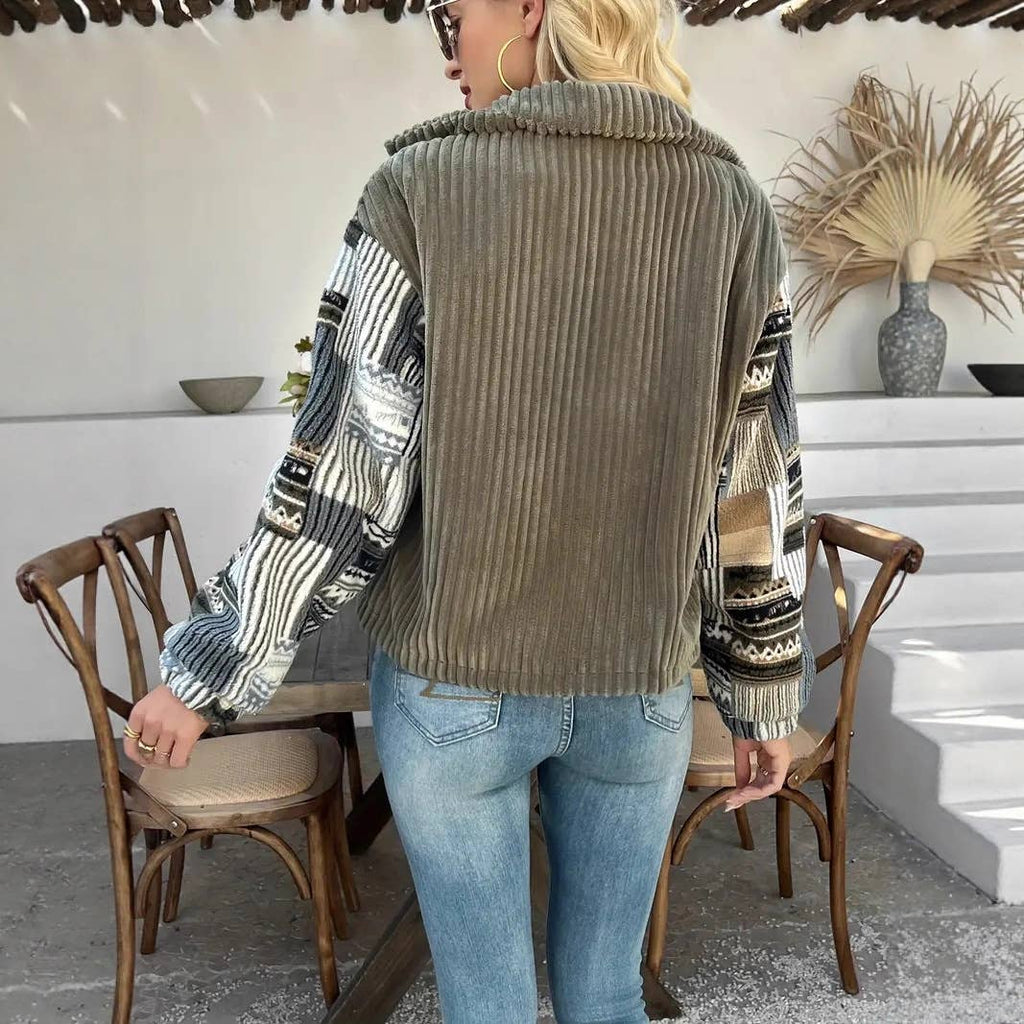 Western Aztec patchwork fleece button-up jacket