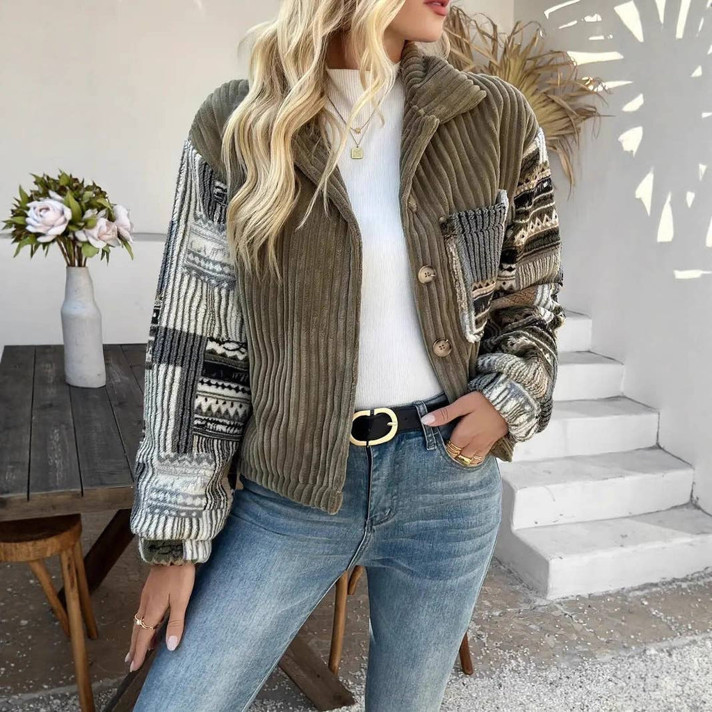 Western Aztec patchwork fleece button-up jacket