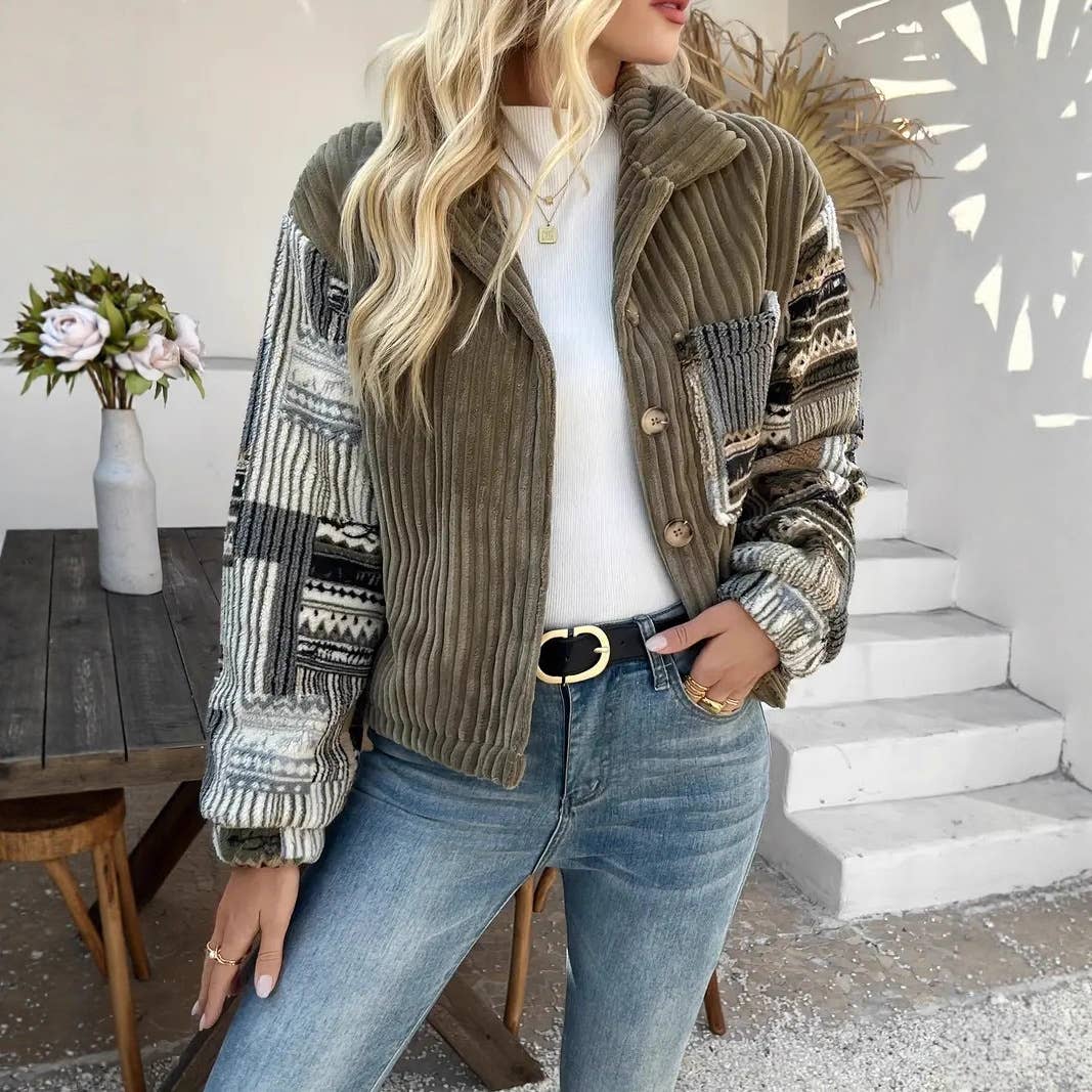 Western Aztec patchwork fleece button-up jacket
