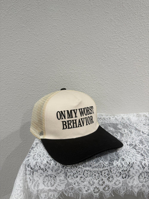"On My Worst Behavior" Two Tone Mesh Snapback Cap