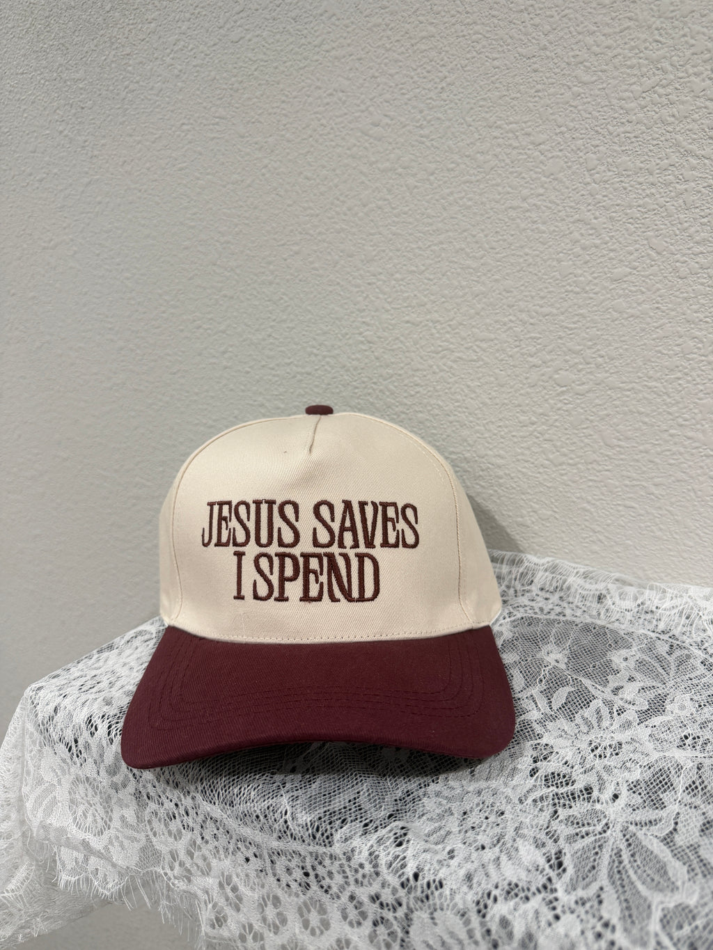 "Jesus Saves I Spend" Two Tone Cap