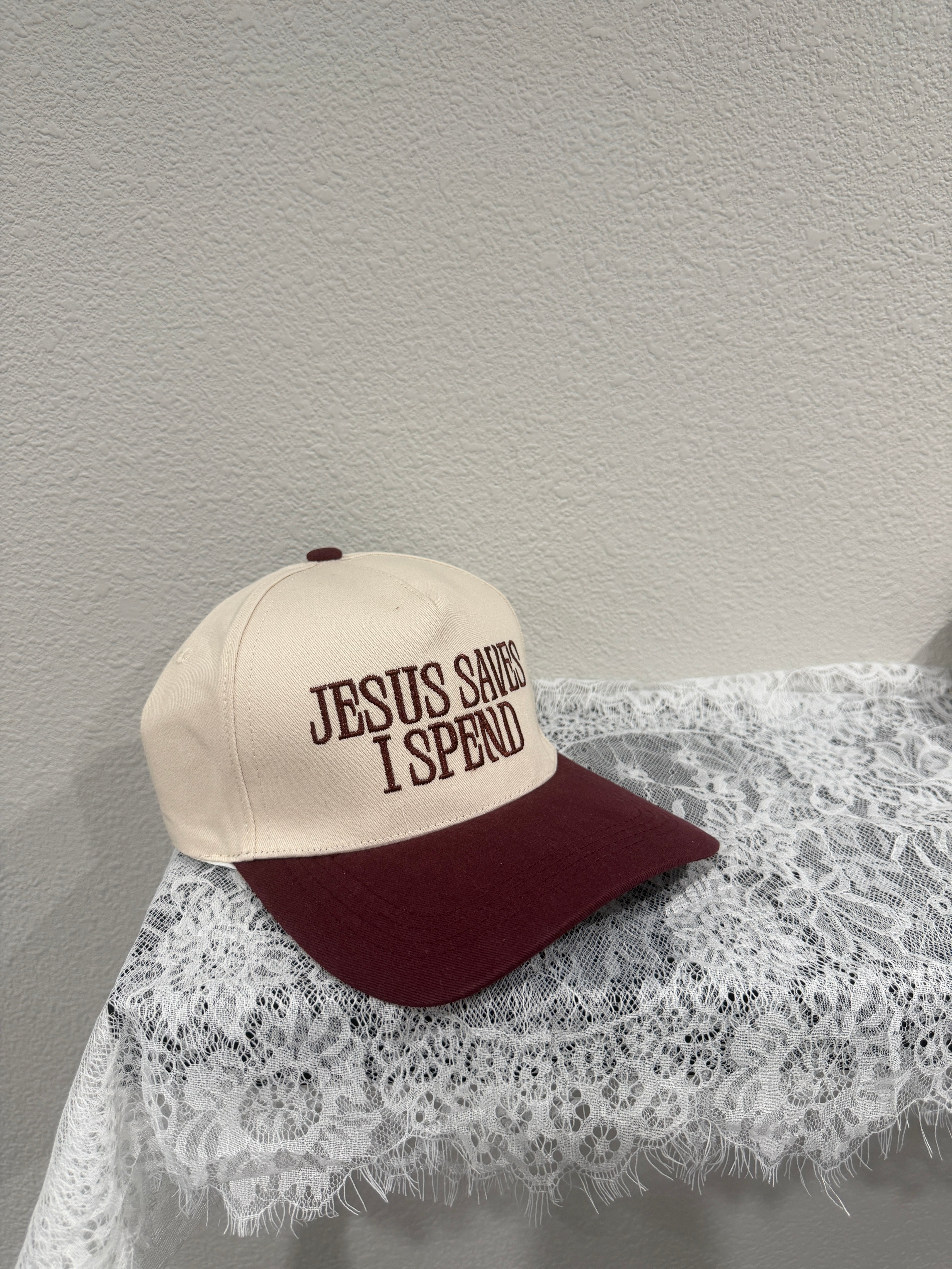 "Jesus Saves I Spend" Two Tone Cap