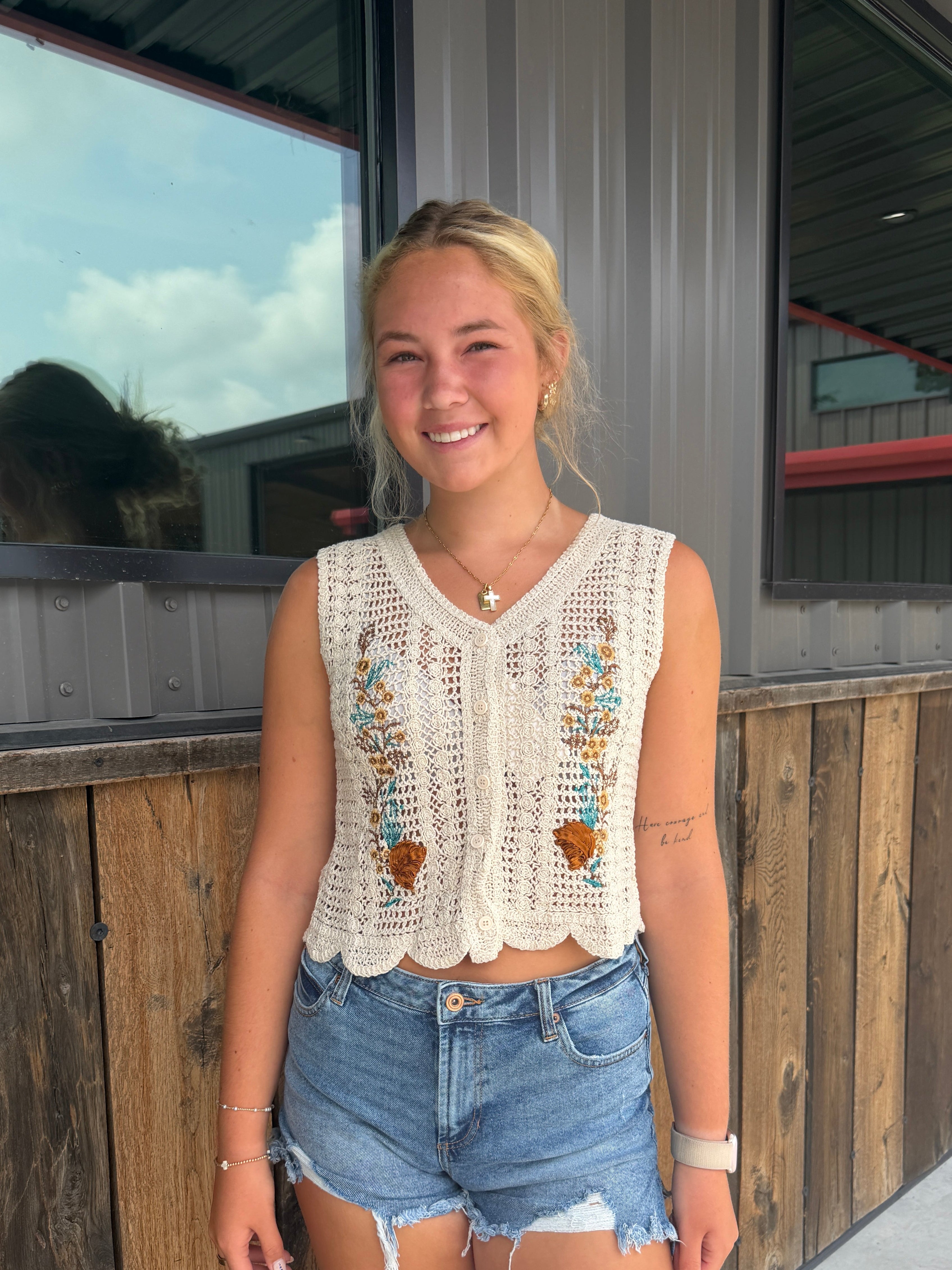 Embroidered Retro Floral Crochet Knit Vest