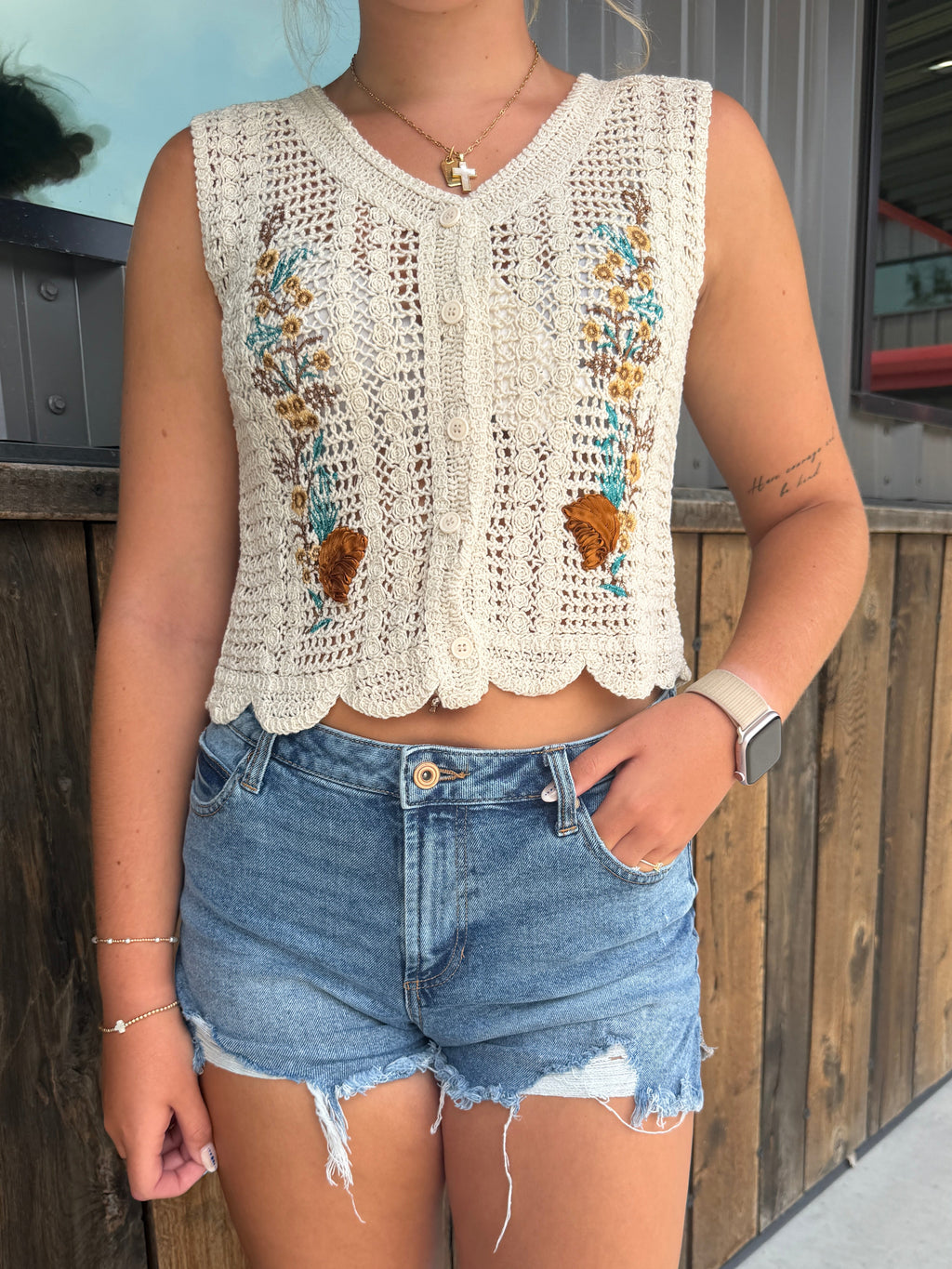 Embroidered Retro Floral Crochet Knit Vest