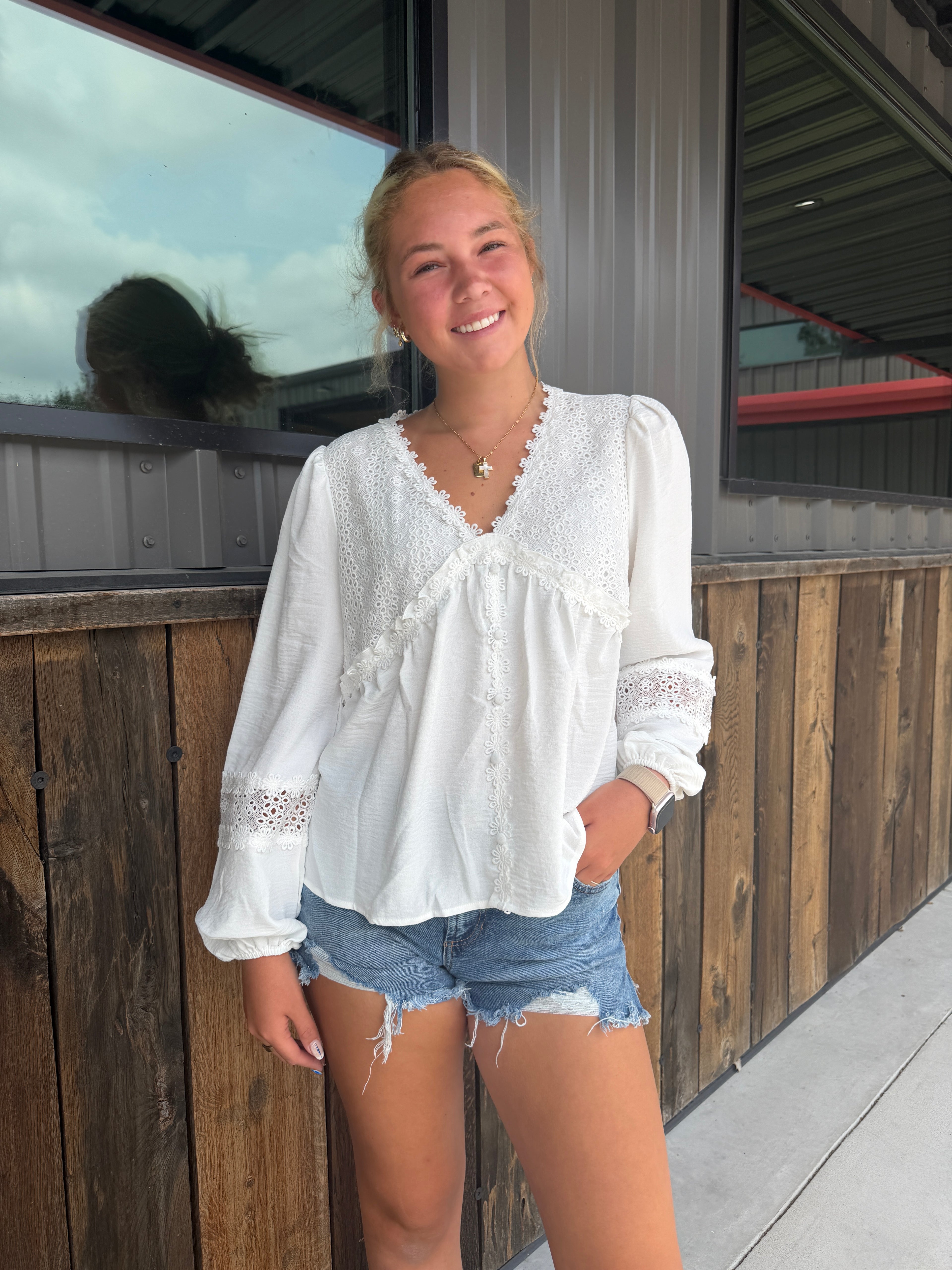 Solid Floral Guipure Lace Frilled White Blouse