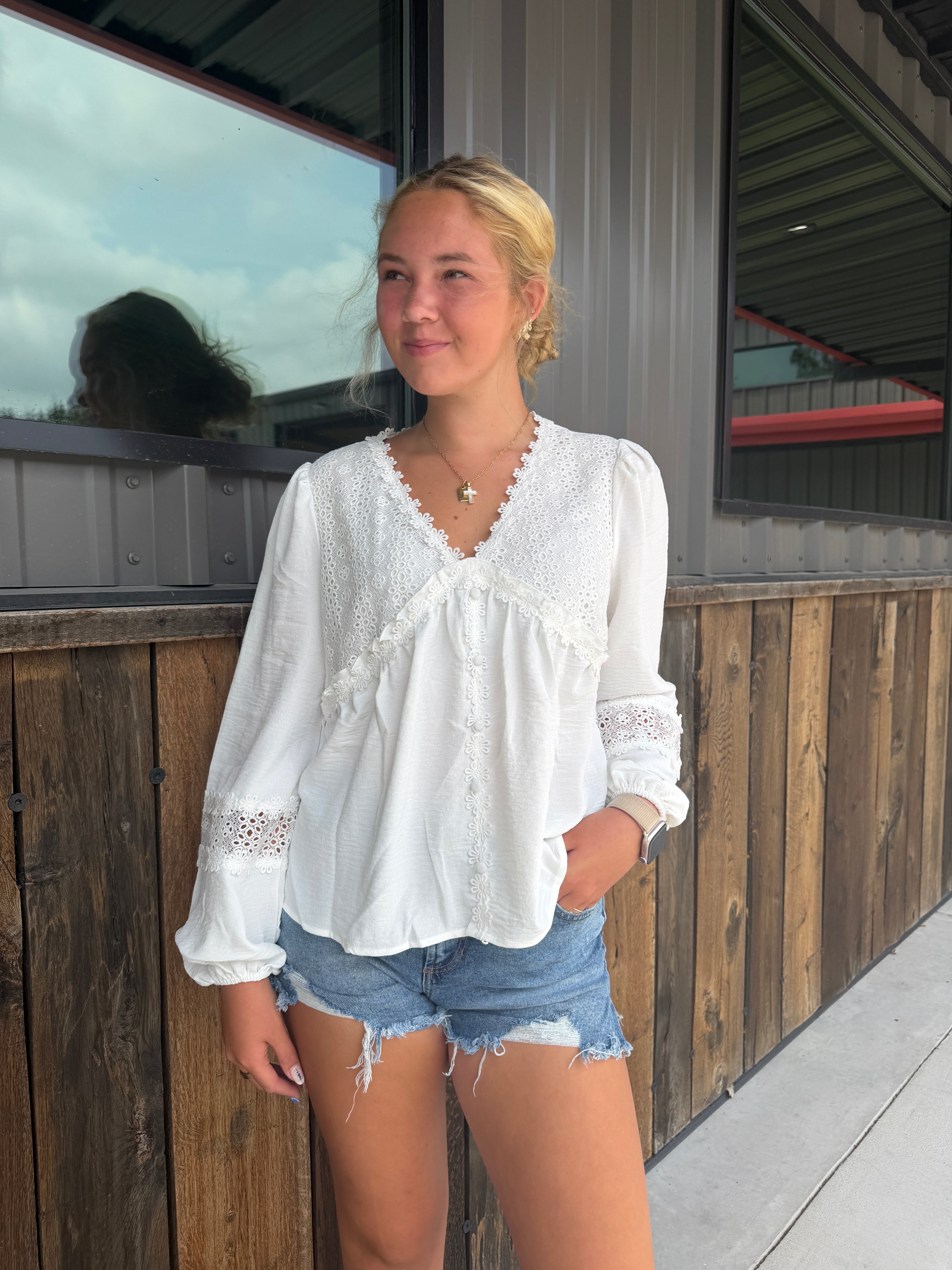 Solid Floral Guipure Lace Frilled White Blouse