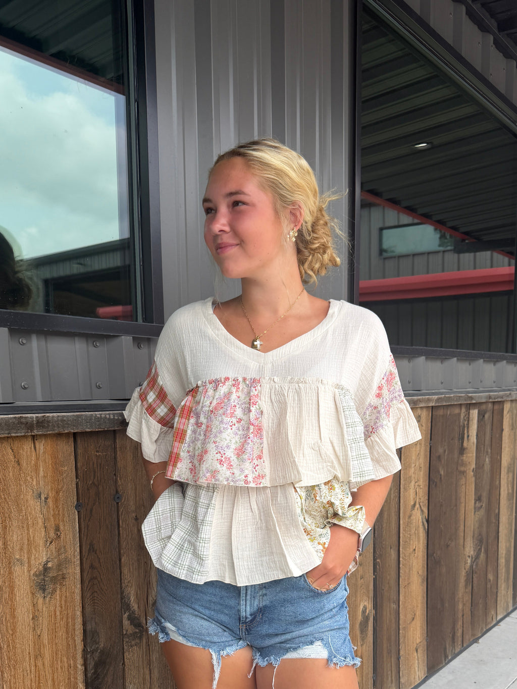 Vintage Patchwork Ruffle Hem Top