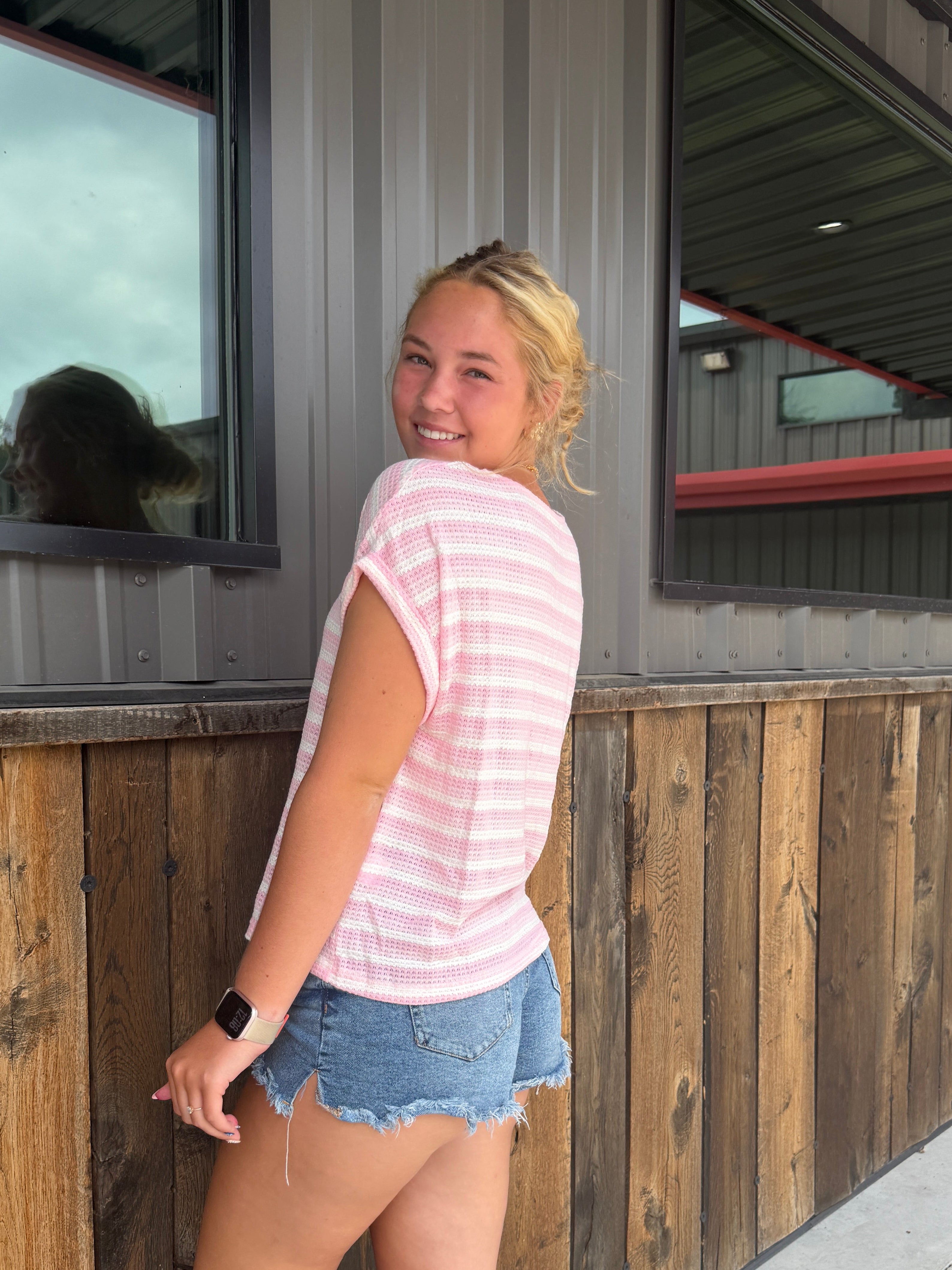 Pink Stripe Waffle Knit Short Sleeve T-Shirt