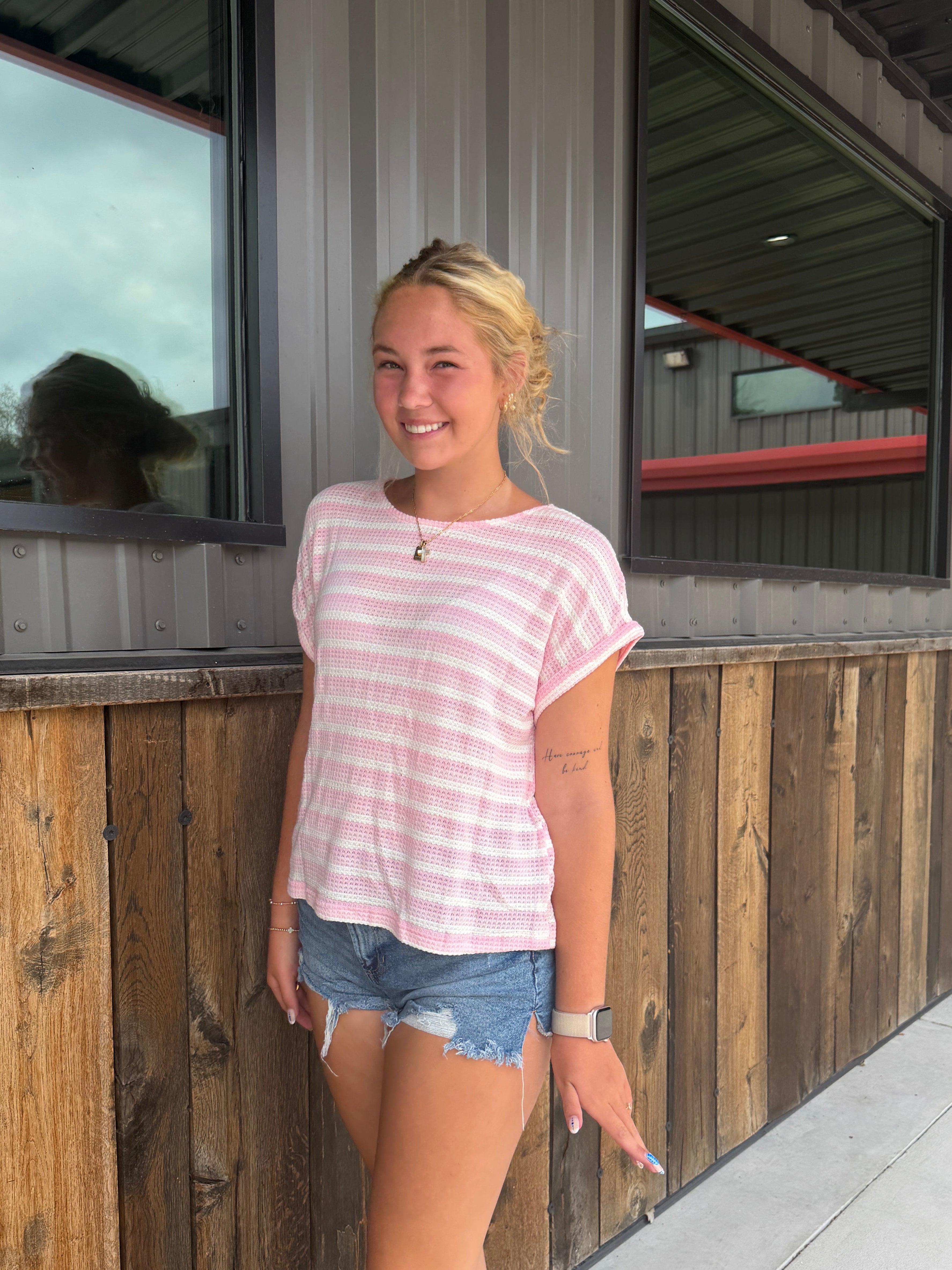 Pink Stripe Waffle Knit Short Sleeve T-Shirt