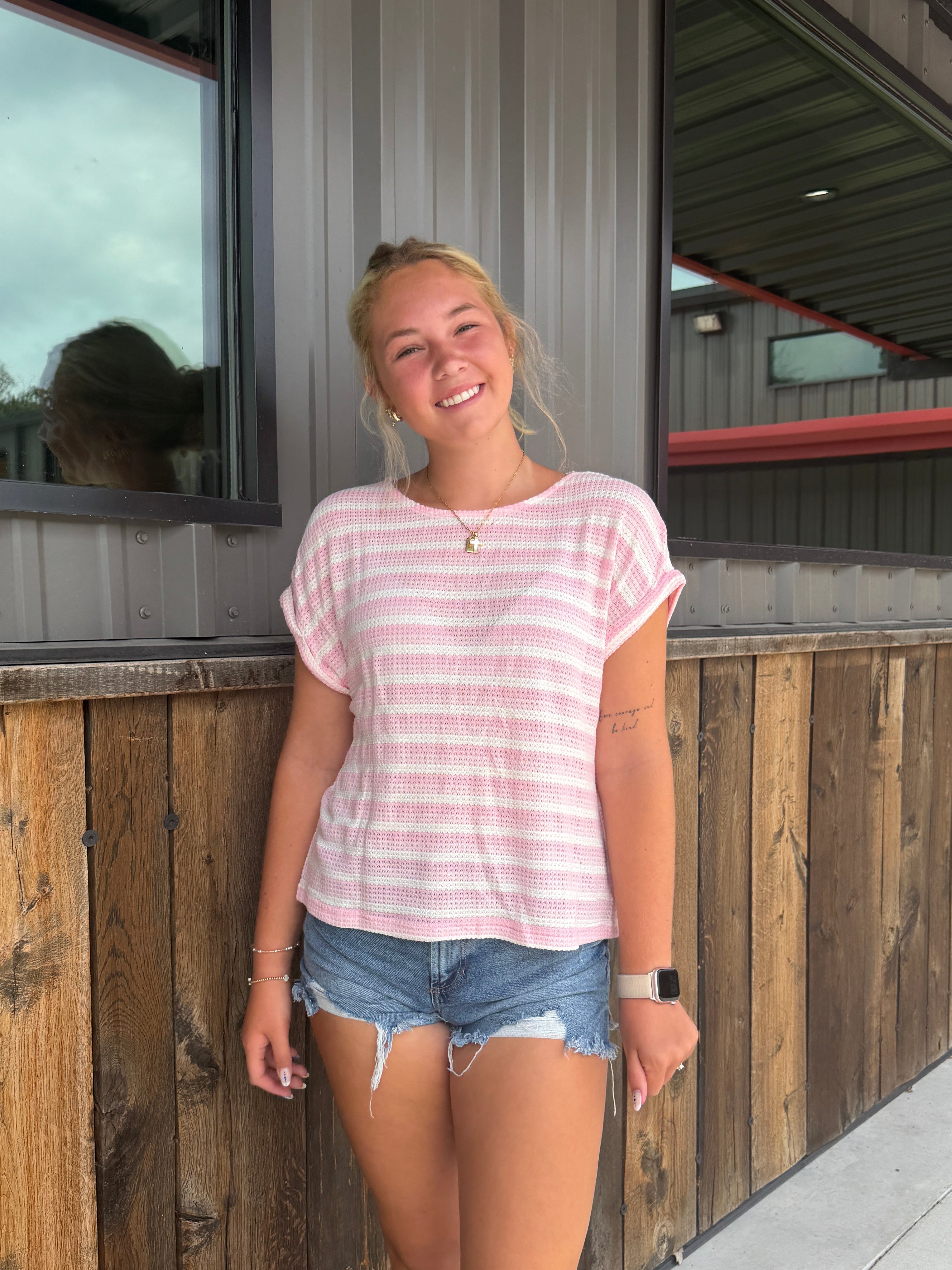 Pink Stripe Waffle Knit Short Sleeve T-Shirt