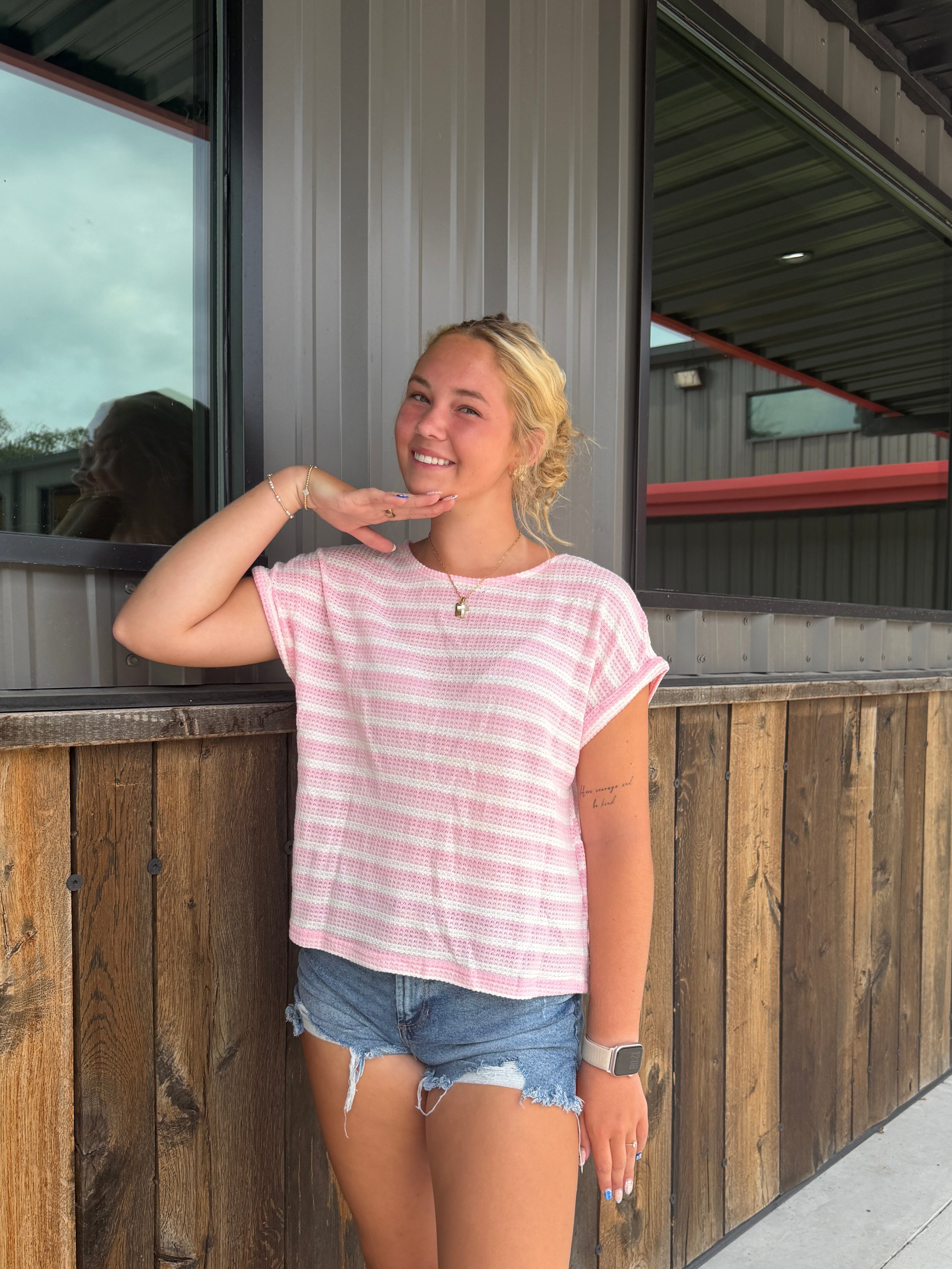 Pink Stripe Waffle Knit Short Sleeve T-Shirt