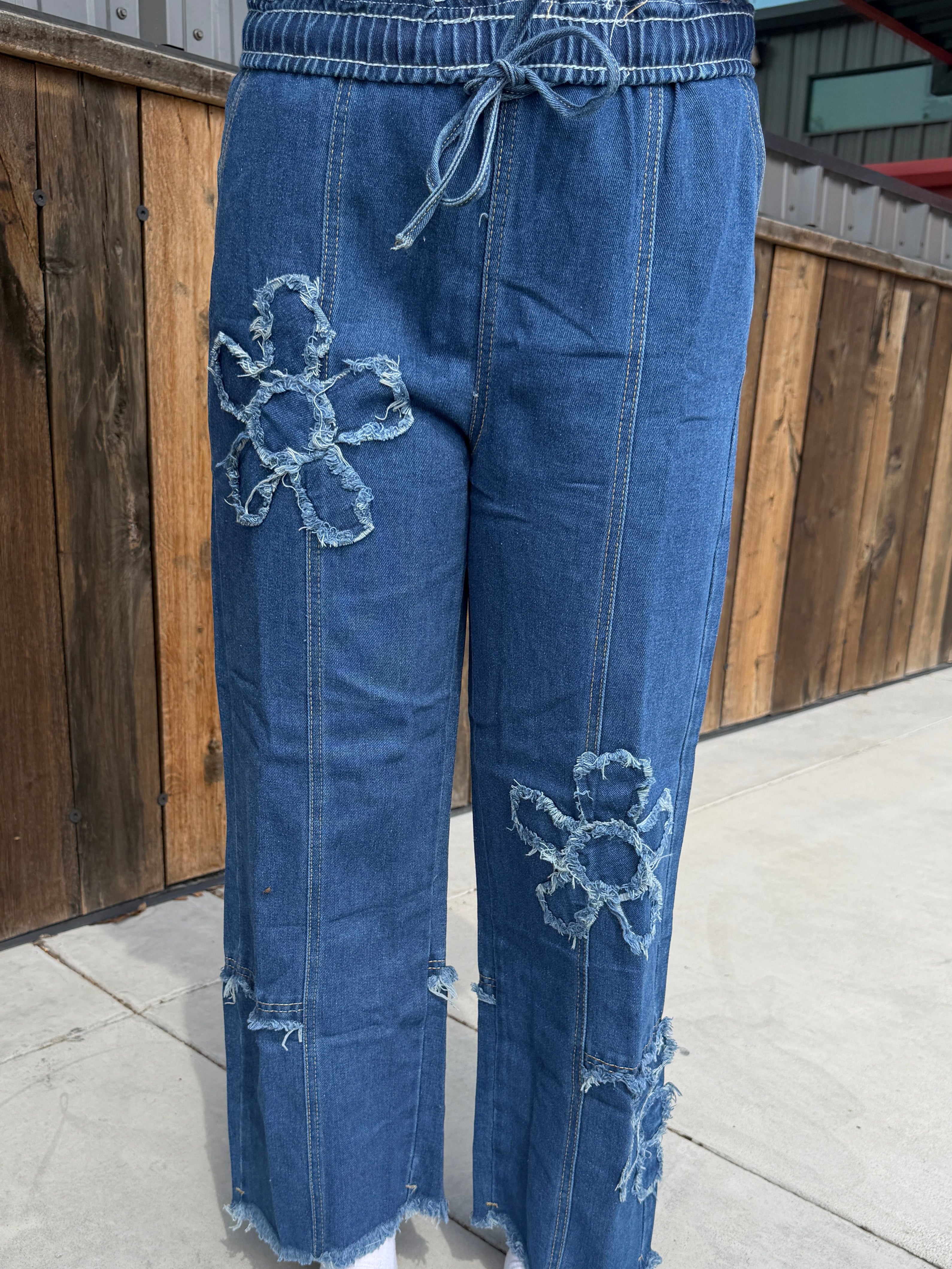 Western Boho Floral Drawstring Seamed Jeans