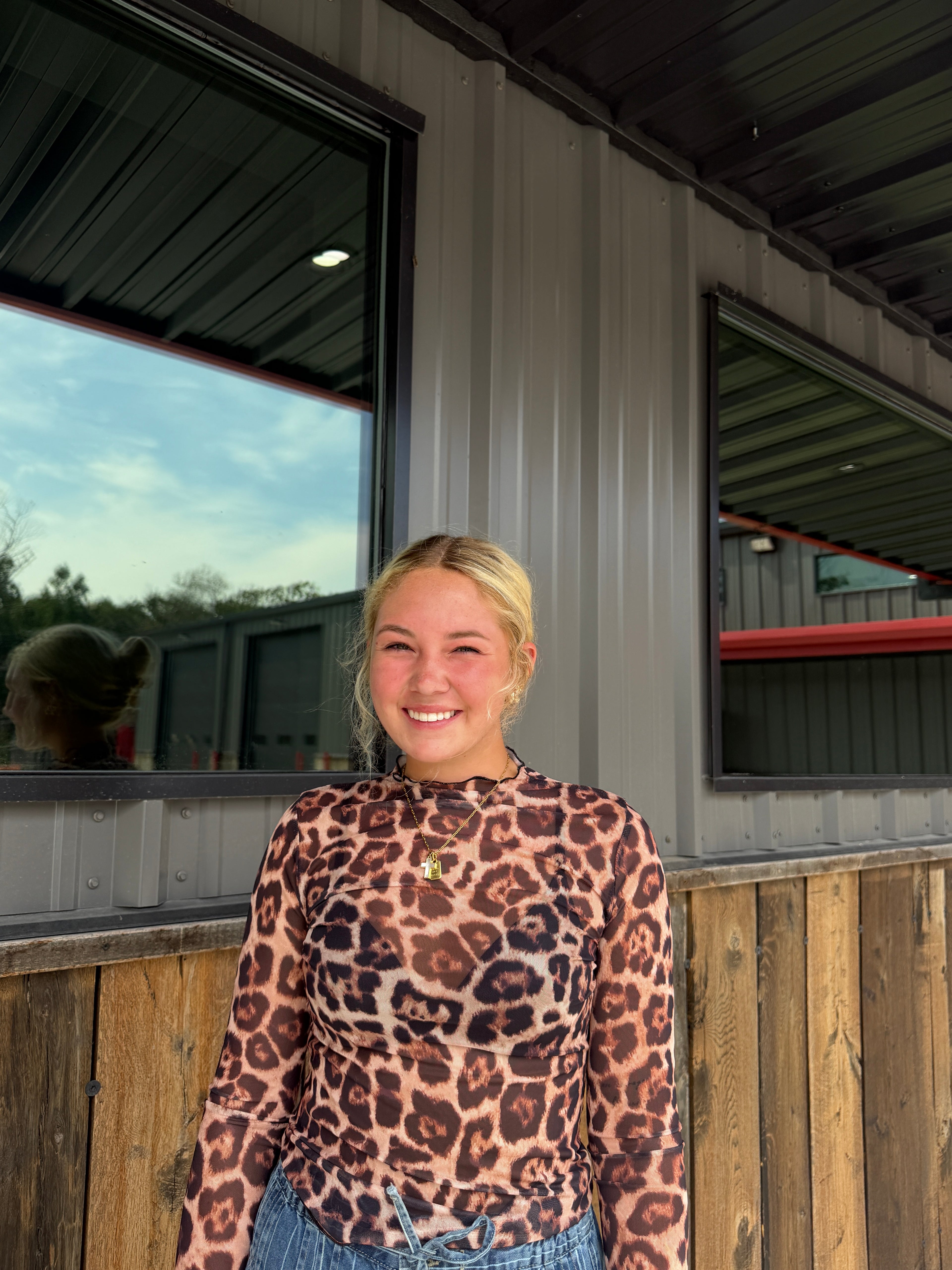 Leopard Mesh Mock Neck Top