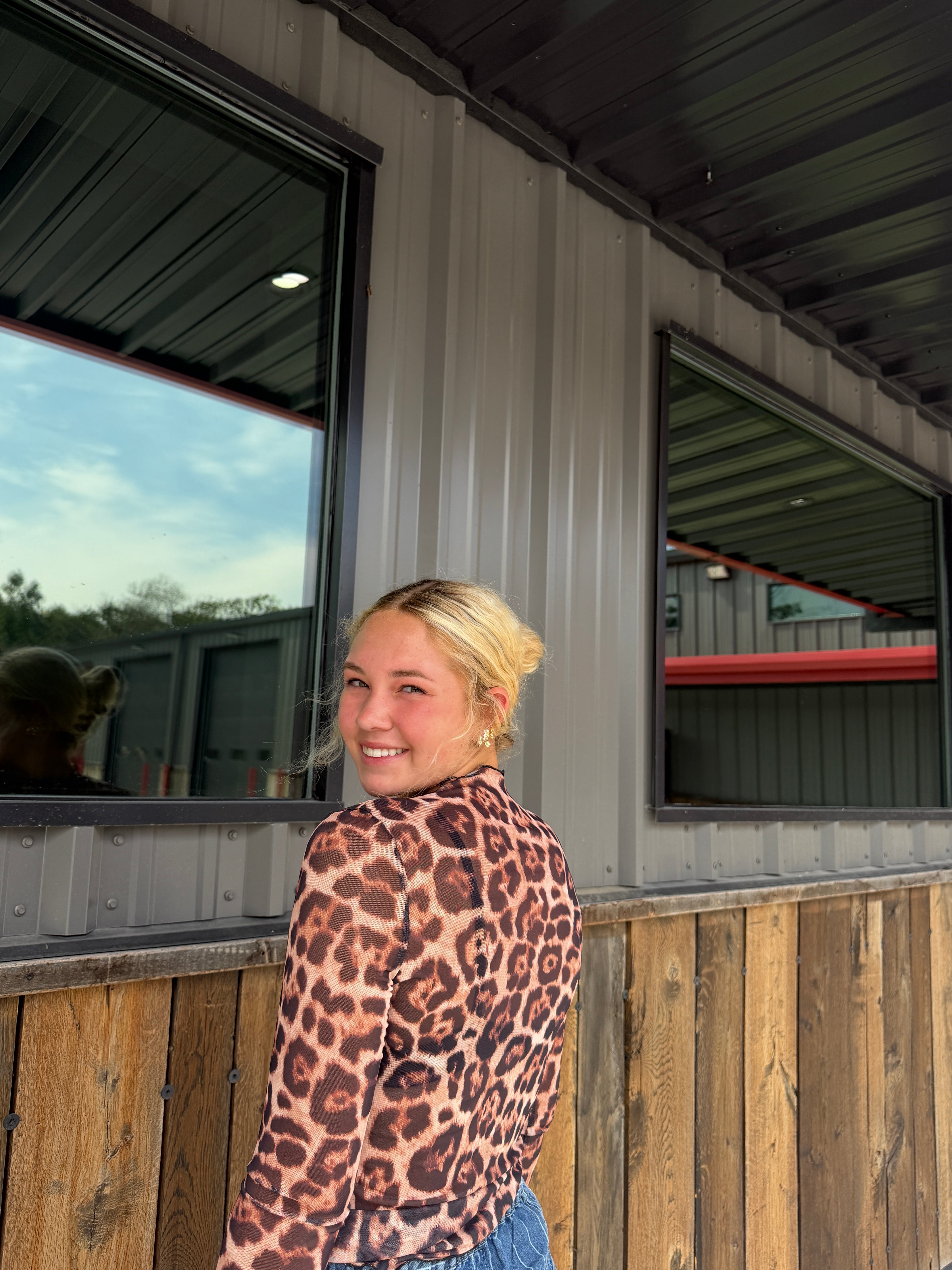 Leopard Mesh Mock Neck Top