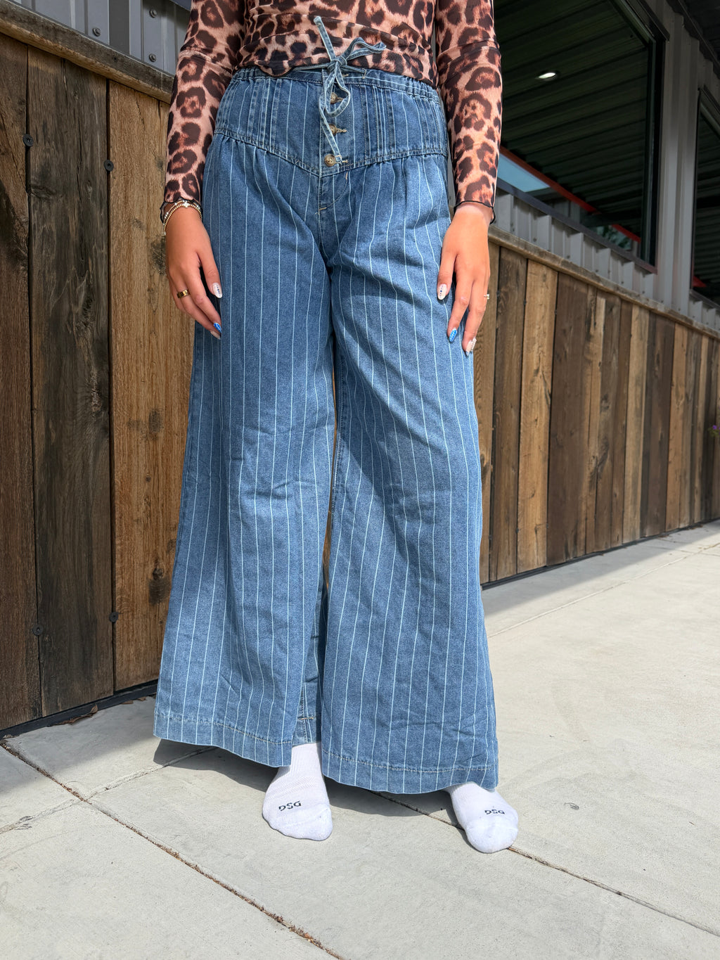 Striped Drawstring Waist Wide Leg Jeans