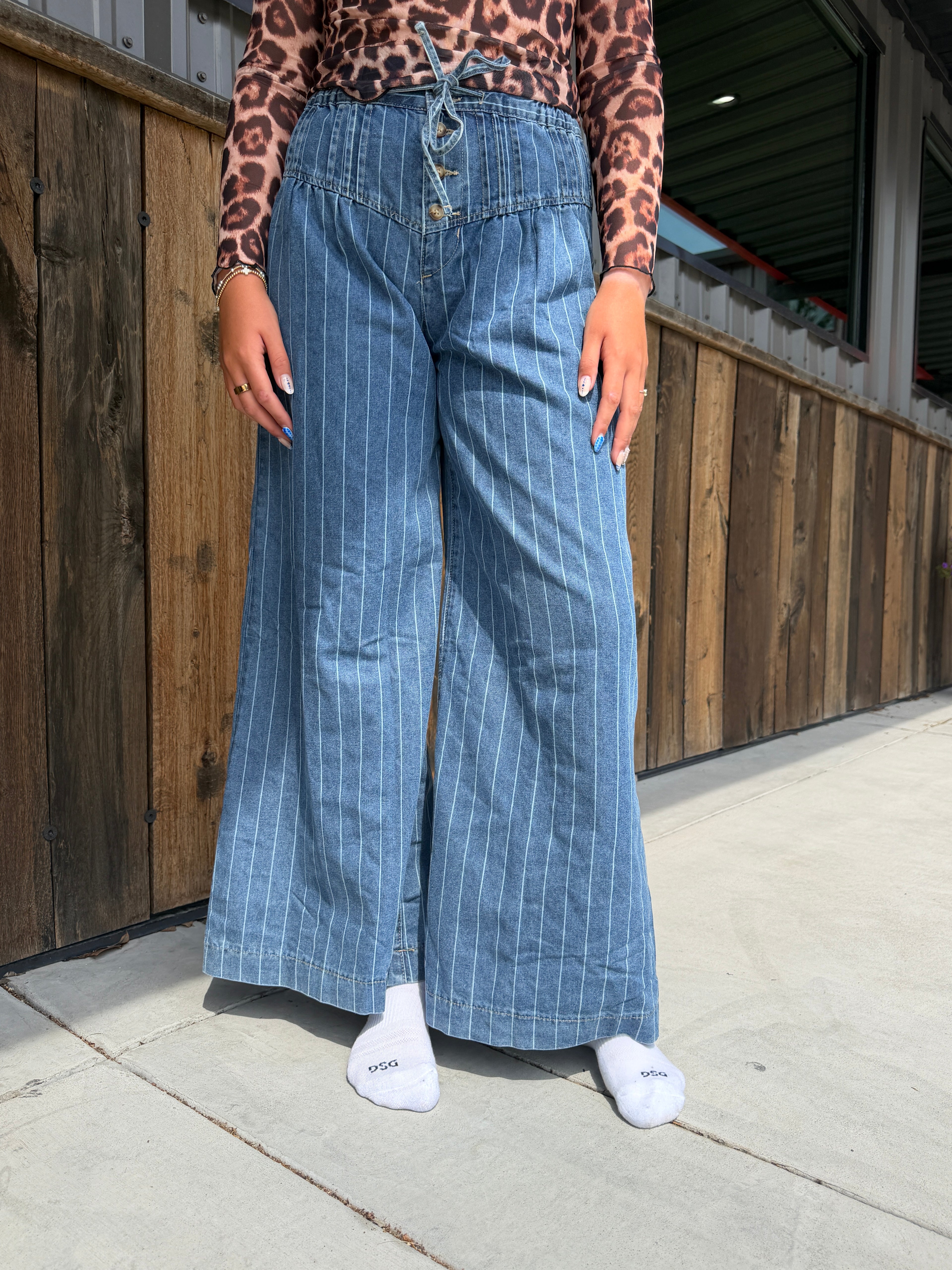 Striped Drawstring Waist Wide Leg Jeans