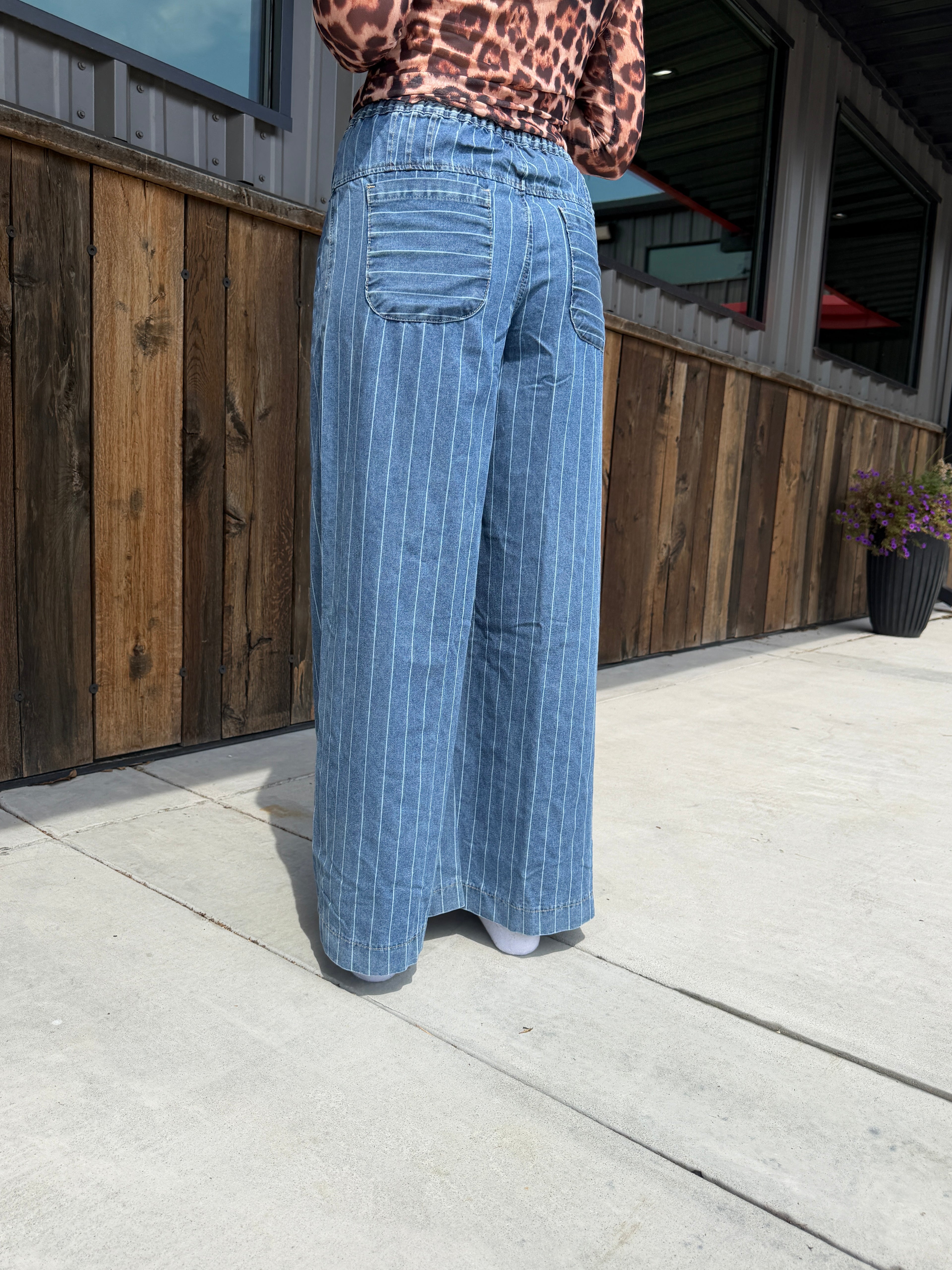 Striped Drawstring Waist Wide Leg Jeans