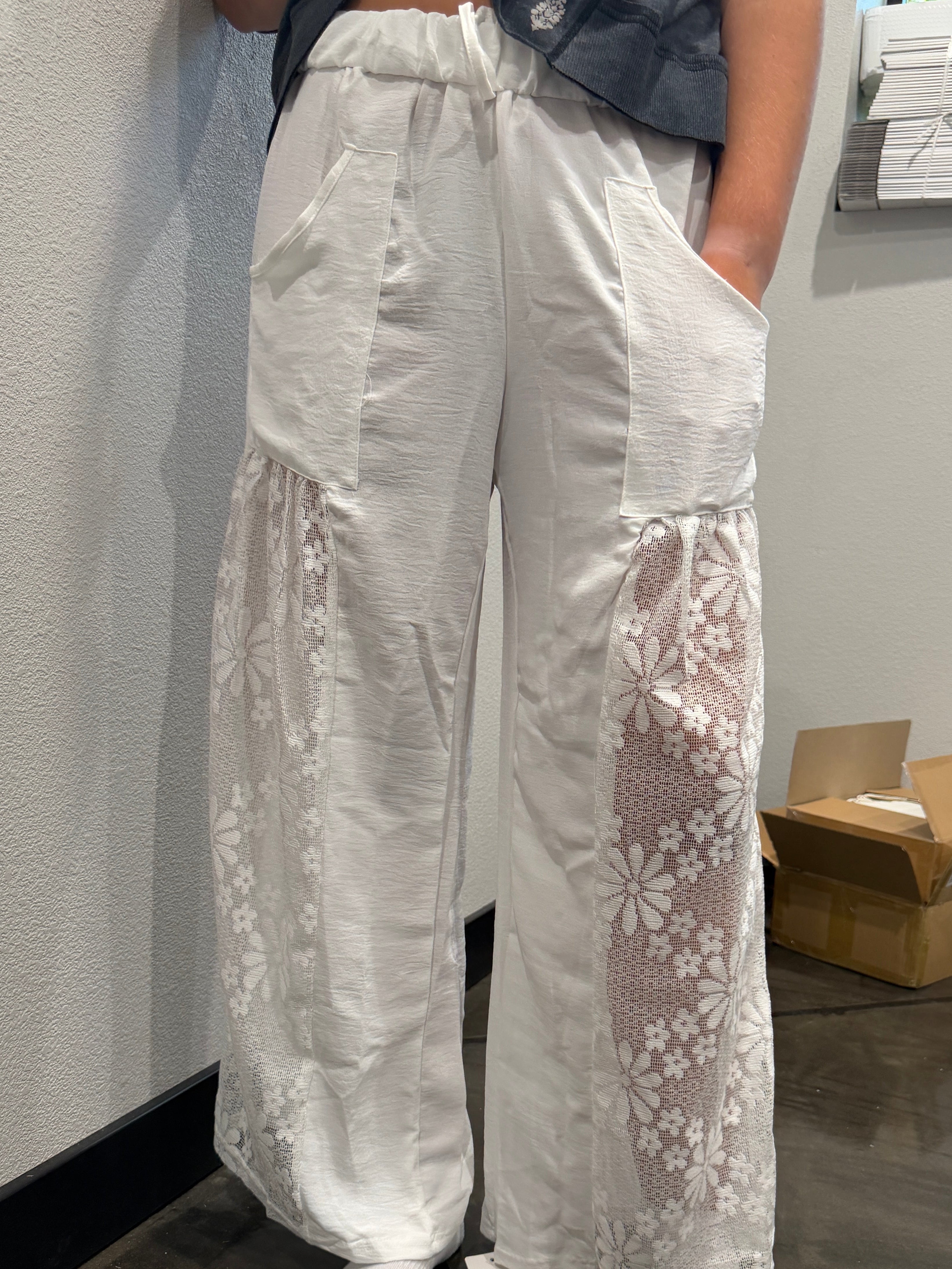 Lace Panel Boho High Waist Flowy Pants