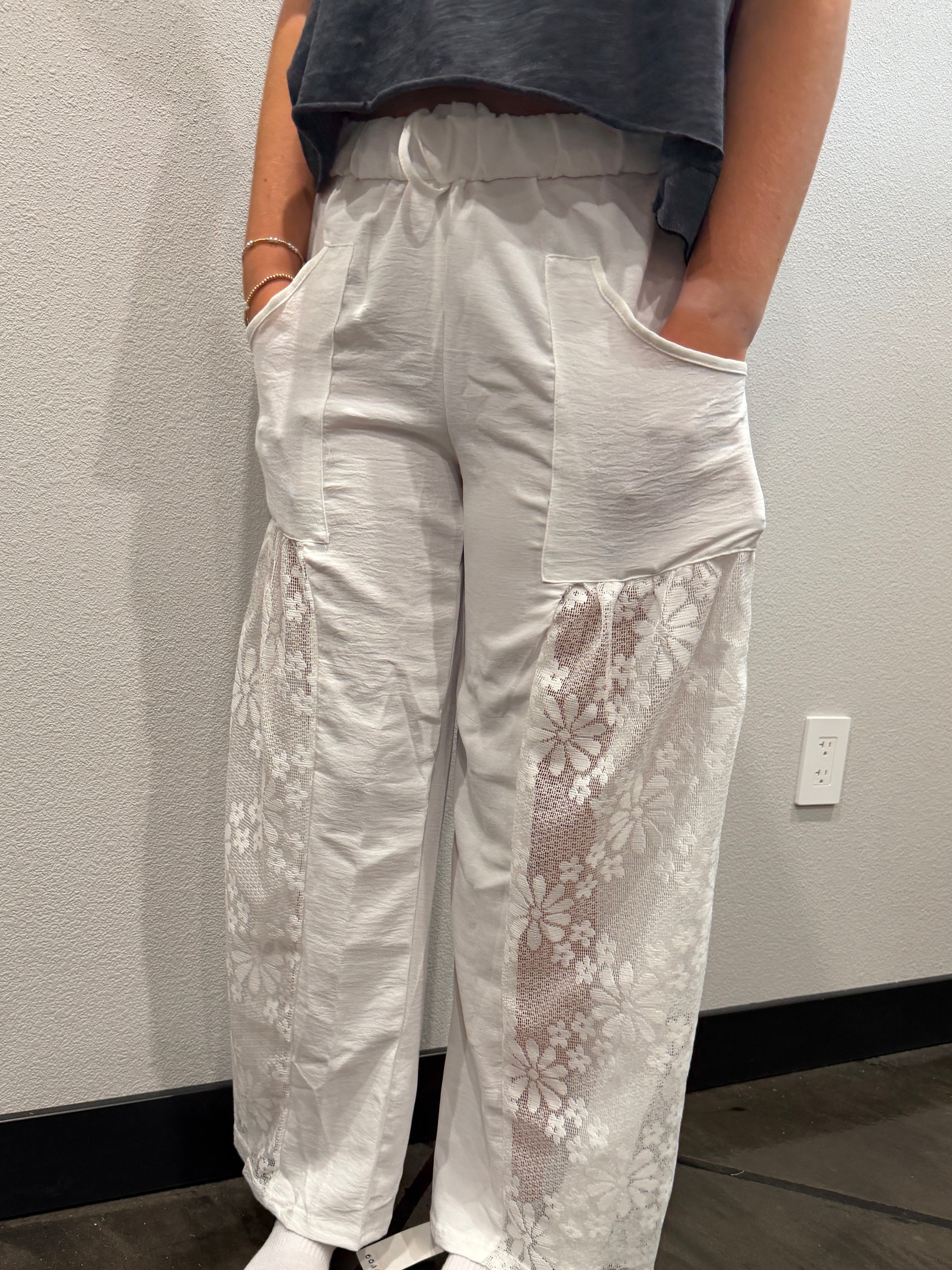 Lace Panel Boho High Waist Flowy Pants