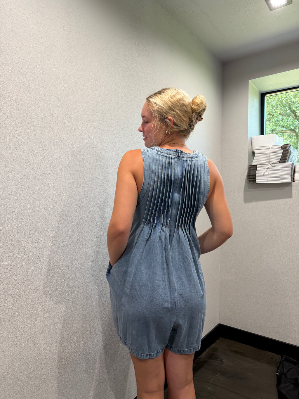 Tie Front V Neck Sleeveless Denim Jumpsuit