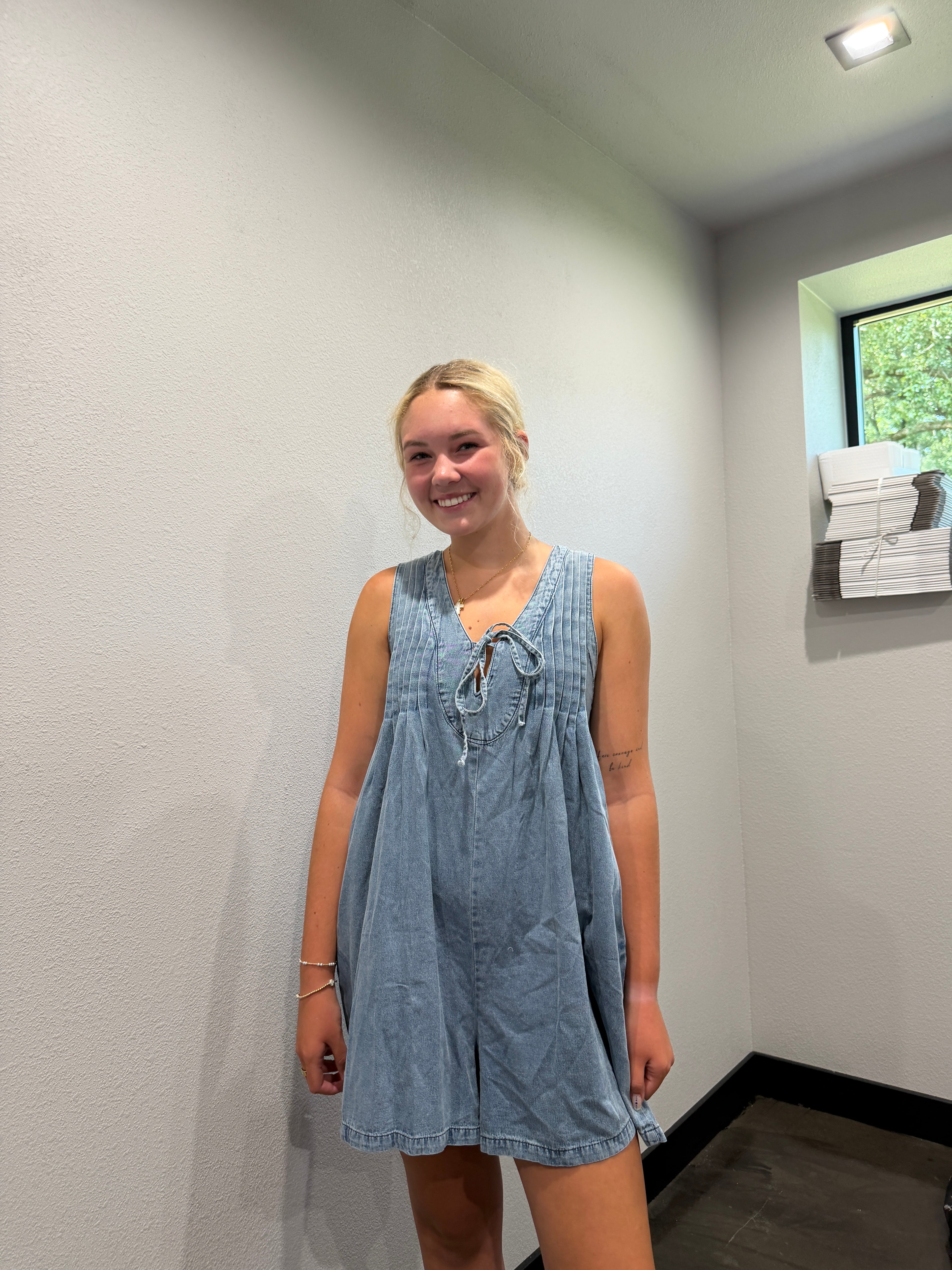 Tie Front V Neck Sleeveless Denim Jumpsuit